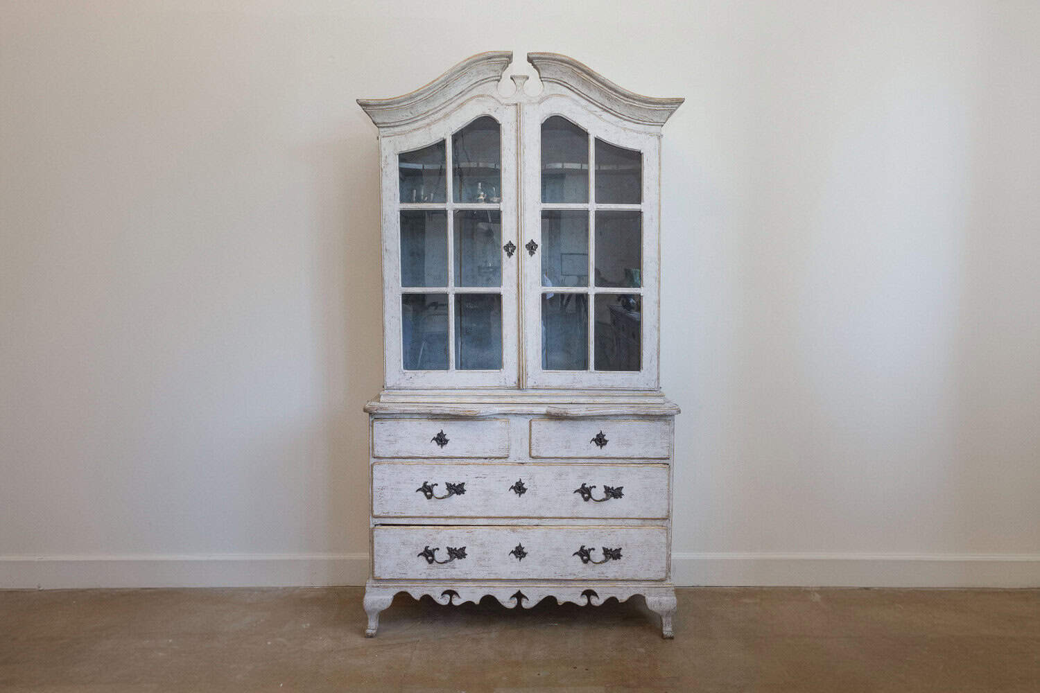 Swedish Rococo Style 1850s Bonnet Top Cabinet with Glass Doors and Drawers - JAA