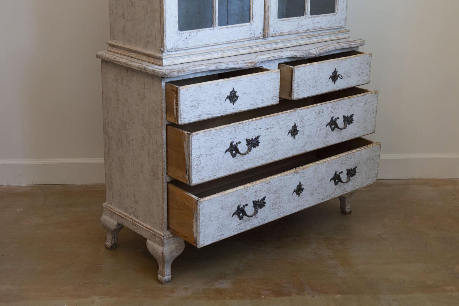 Swedish Rococo Style 1850s Bonnet Top Cabinet with Glass Doors and Drawers - JAA