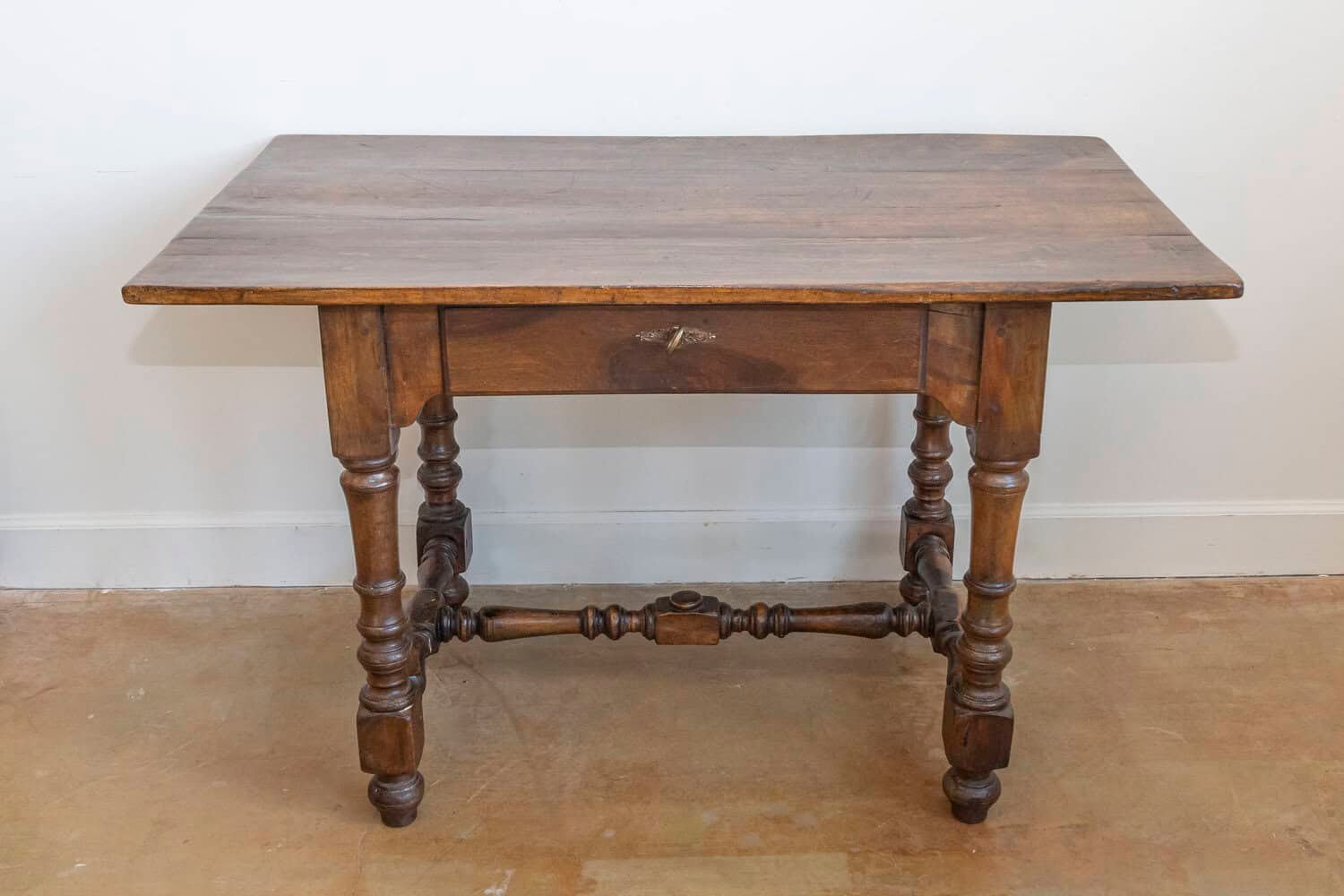 French Louis XIII Style 19th Century Walnut Table with Turned Legs and Stretcher - JAA
