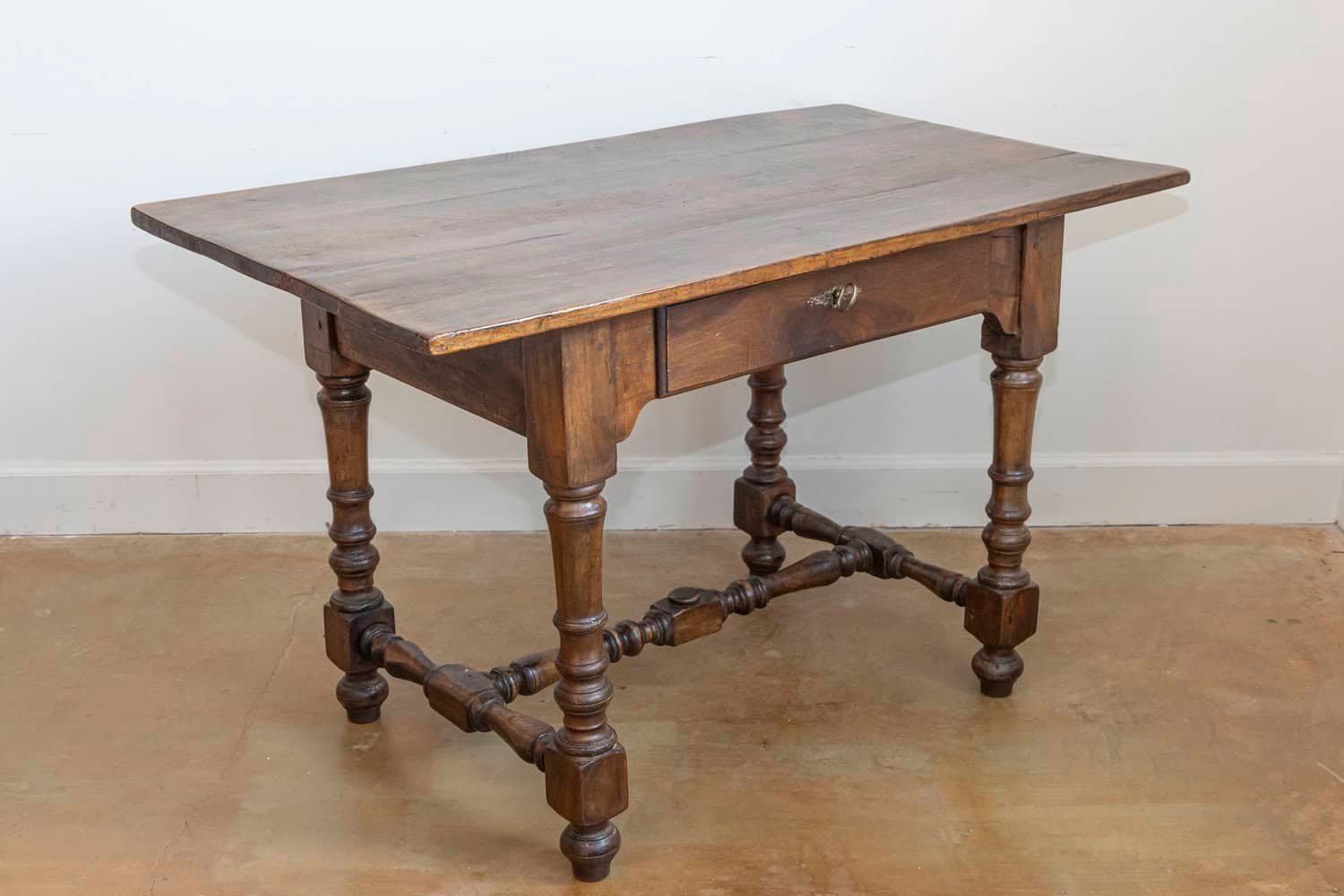 French Louis XIII Style 19th Century Walnut Table with Turned Legs and Stretcher - JAA