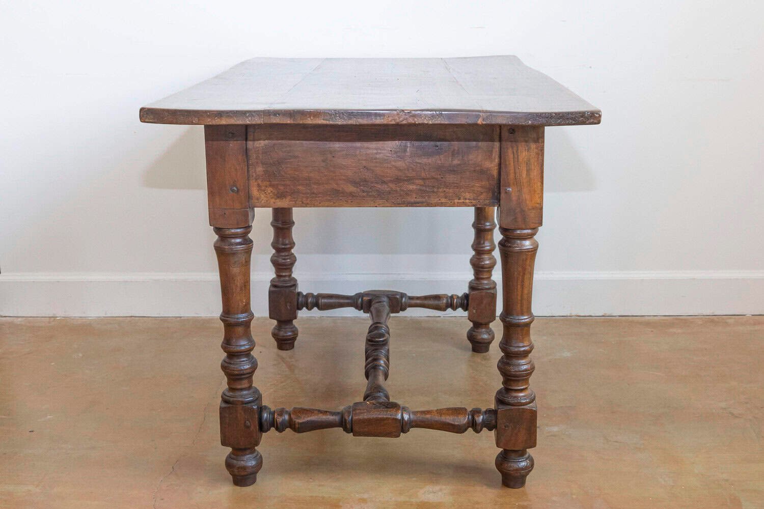 French Louis XIII Style 19th Century Walnut Table with Turned Legs and Stretcher - JAA