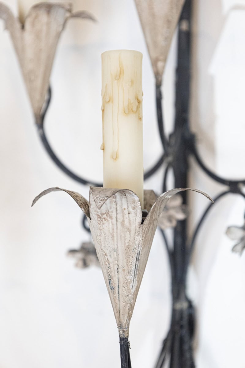 Pair of French Wrought Iron and Tole Floral Five-Light Sconces, circa 1940 - JAA