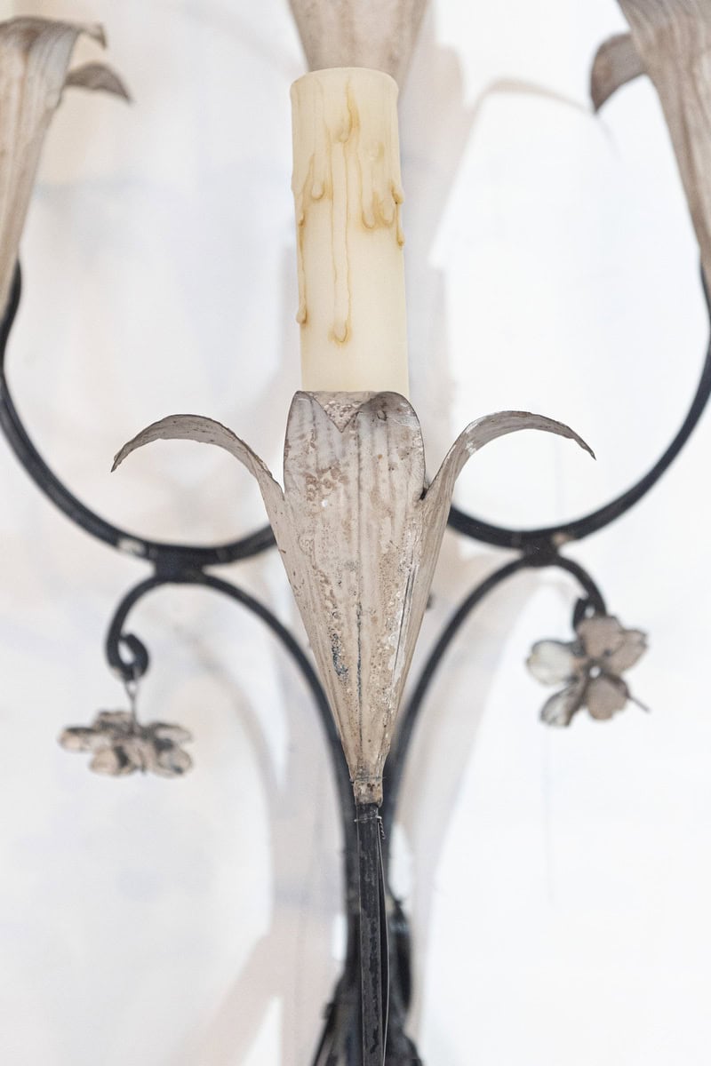 Pair of French Wrought Iron and Tole Floral Five-Light Sconces, circa 1940 - JAA