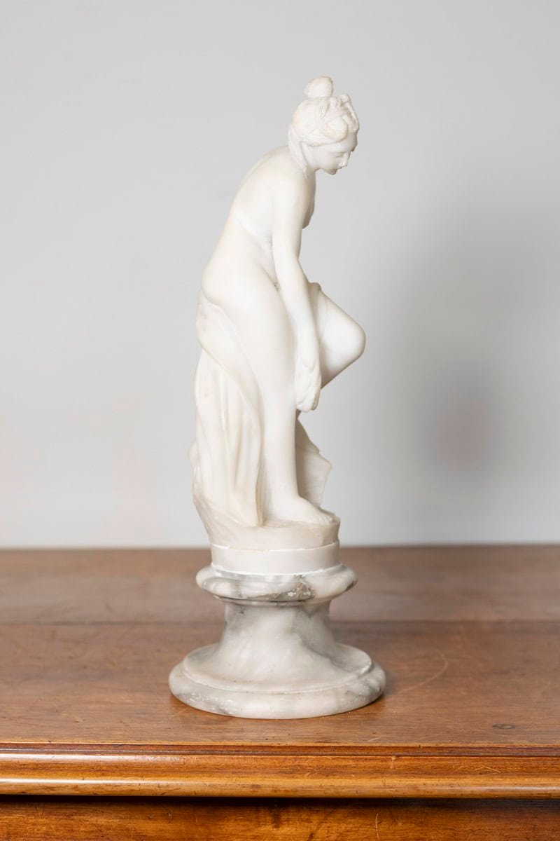 French 19th Century Marble Sculpture of a Nymph after the Bath on Pedestal - JAA