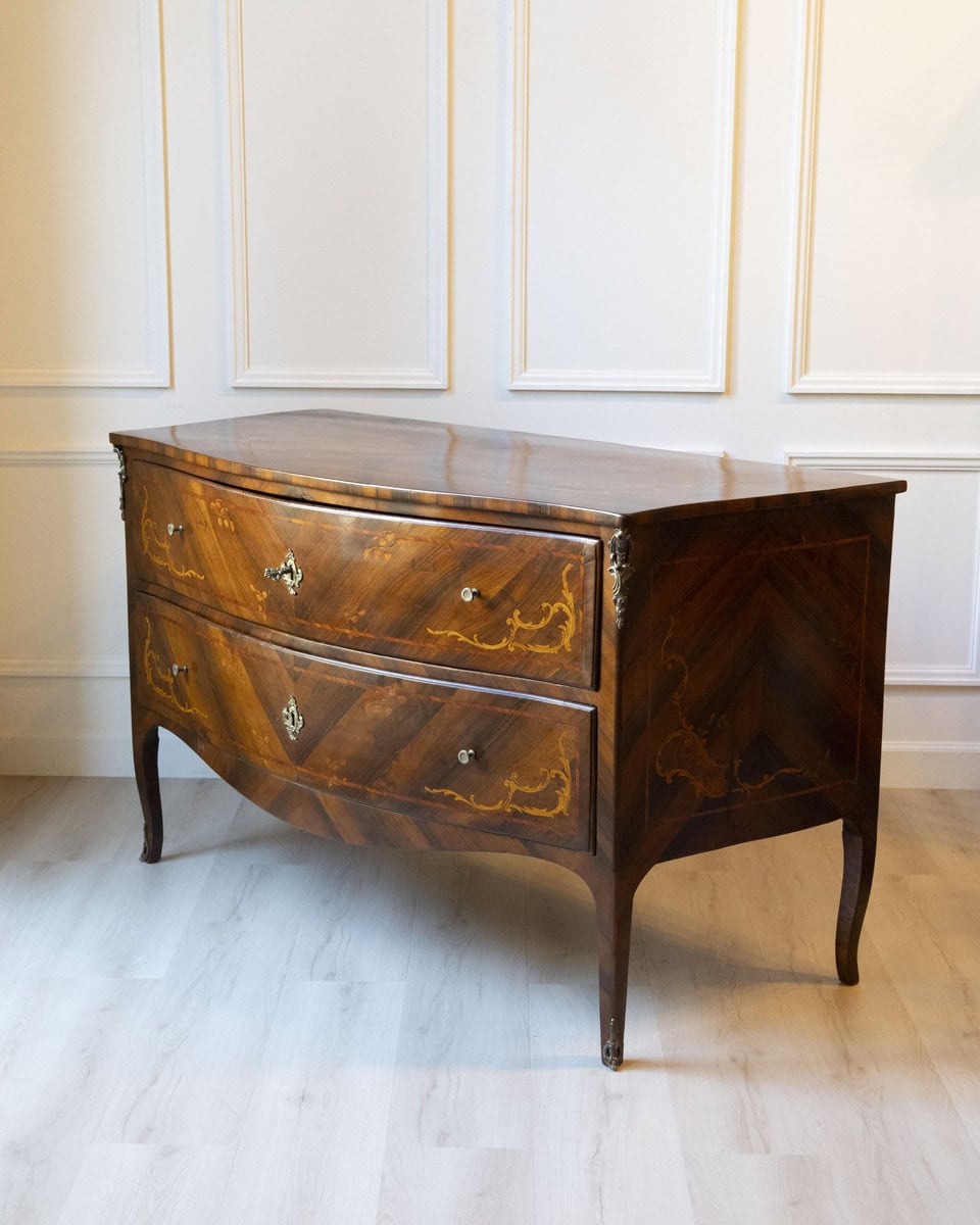 ON HOLD - Pair of 18th-Century Lombard Marquetry Commodes in Walnut and Bois de Rose - JAA