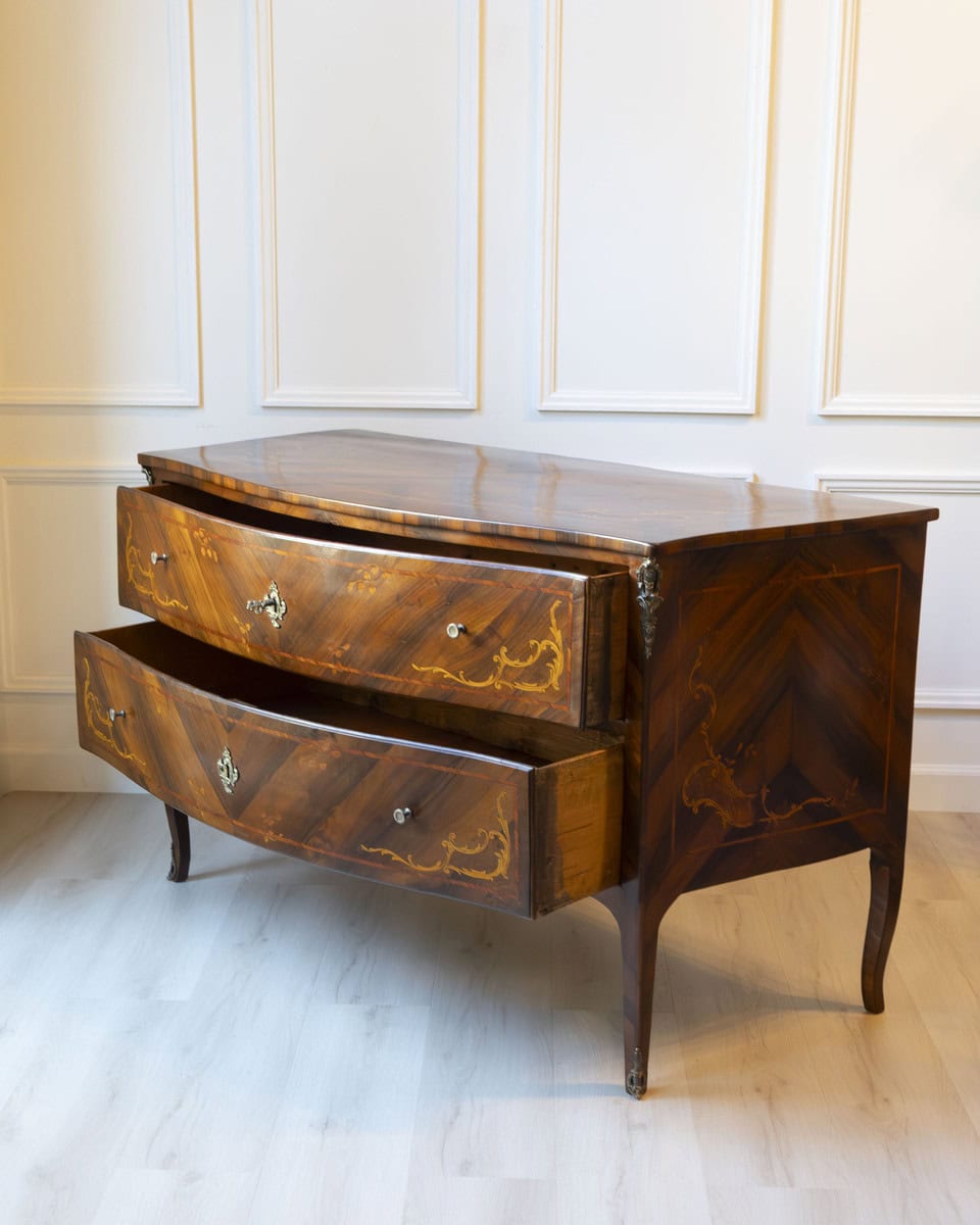ON HOLD - Pair of 18th-Century Lombard Marquetry Commodes in Walnut and Bois de Rose - JAA