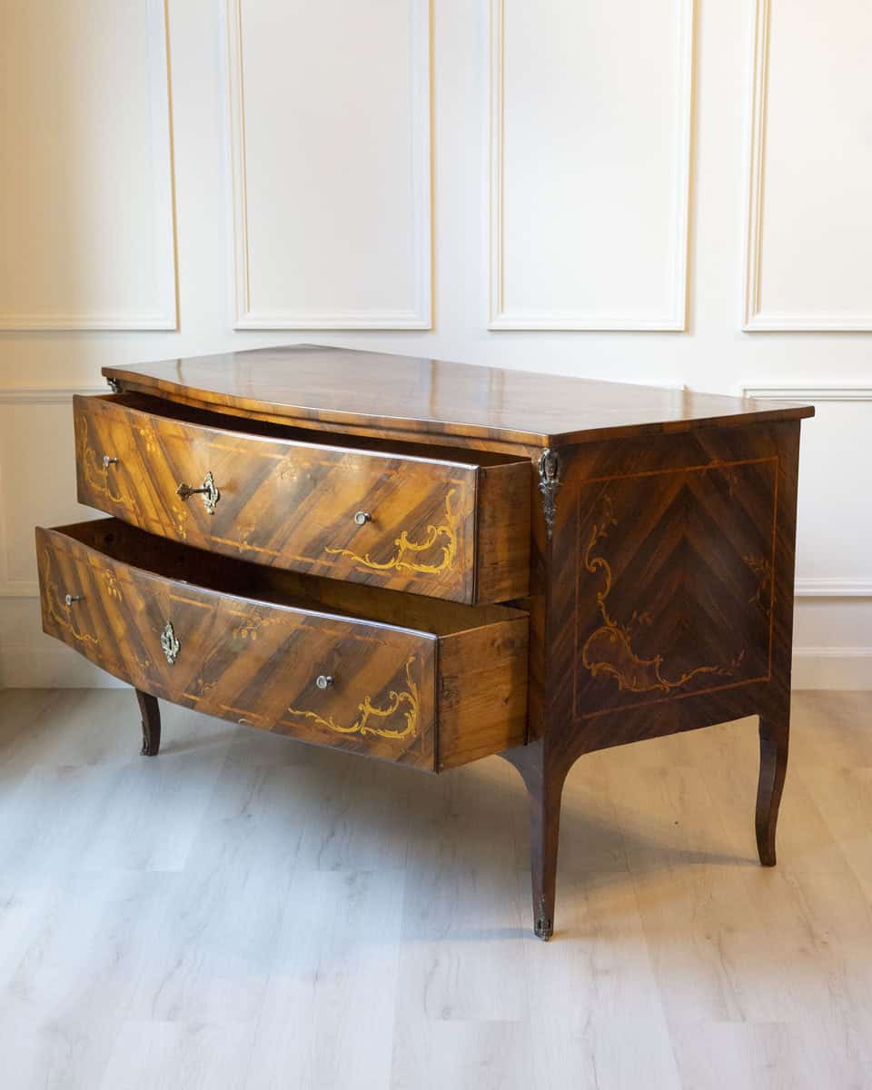 ON HOLD - Pair of 18th-Century Lombard Marquetry Commodes in Walnut and Bois de Rose - JAA