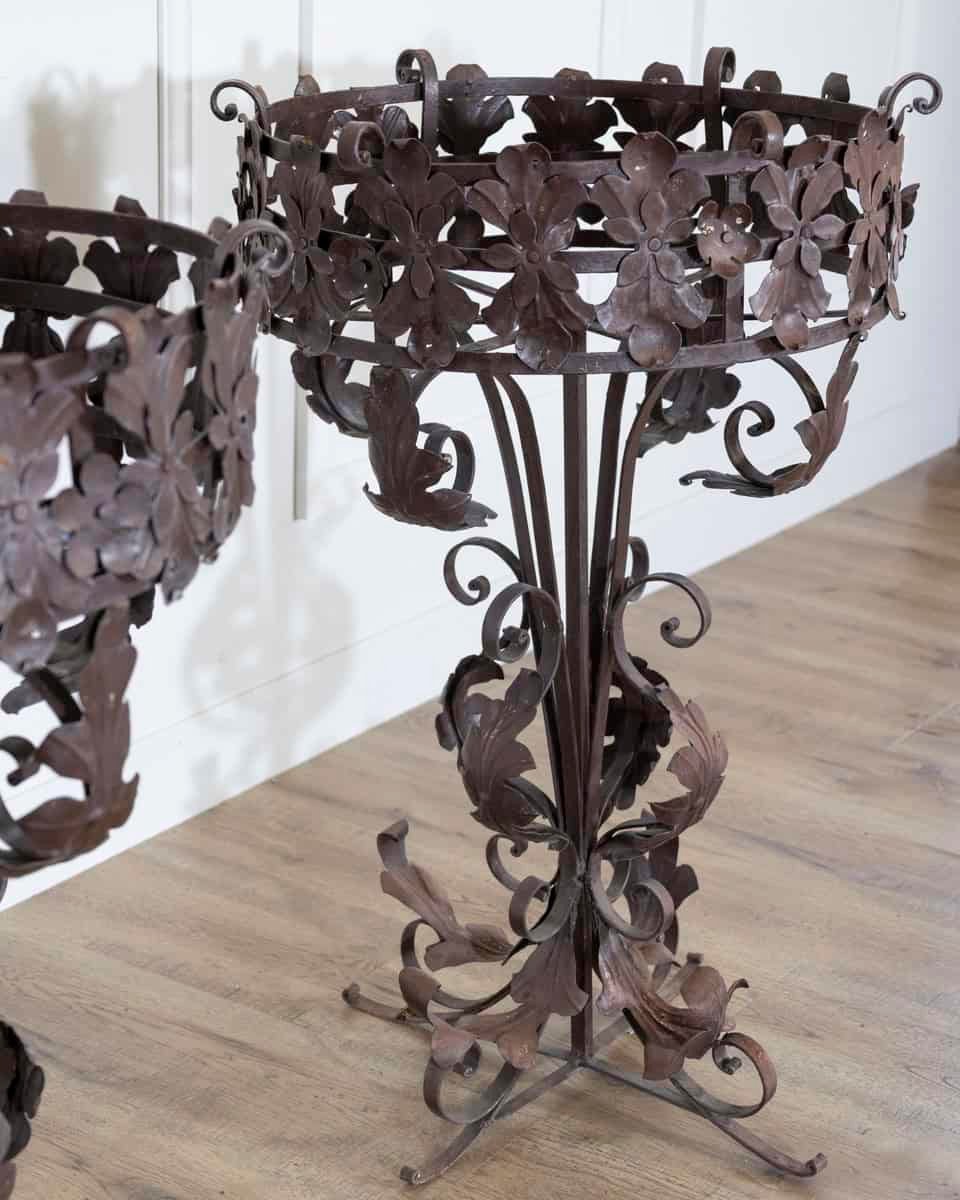 Pair of Louis XV-Style Wrought Iron Planters with Floral and Scrollwork Decoration - JAA