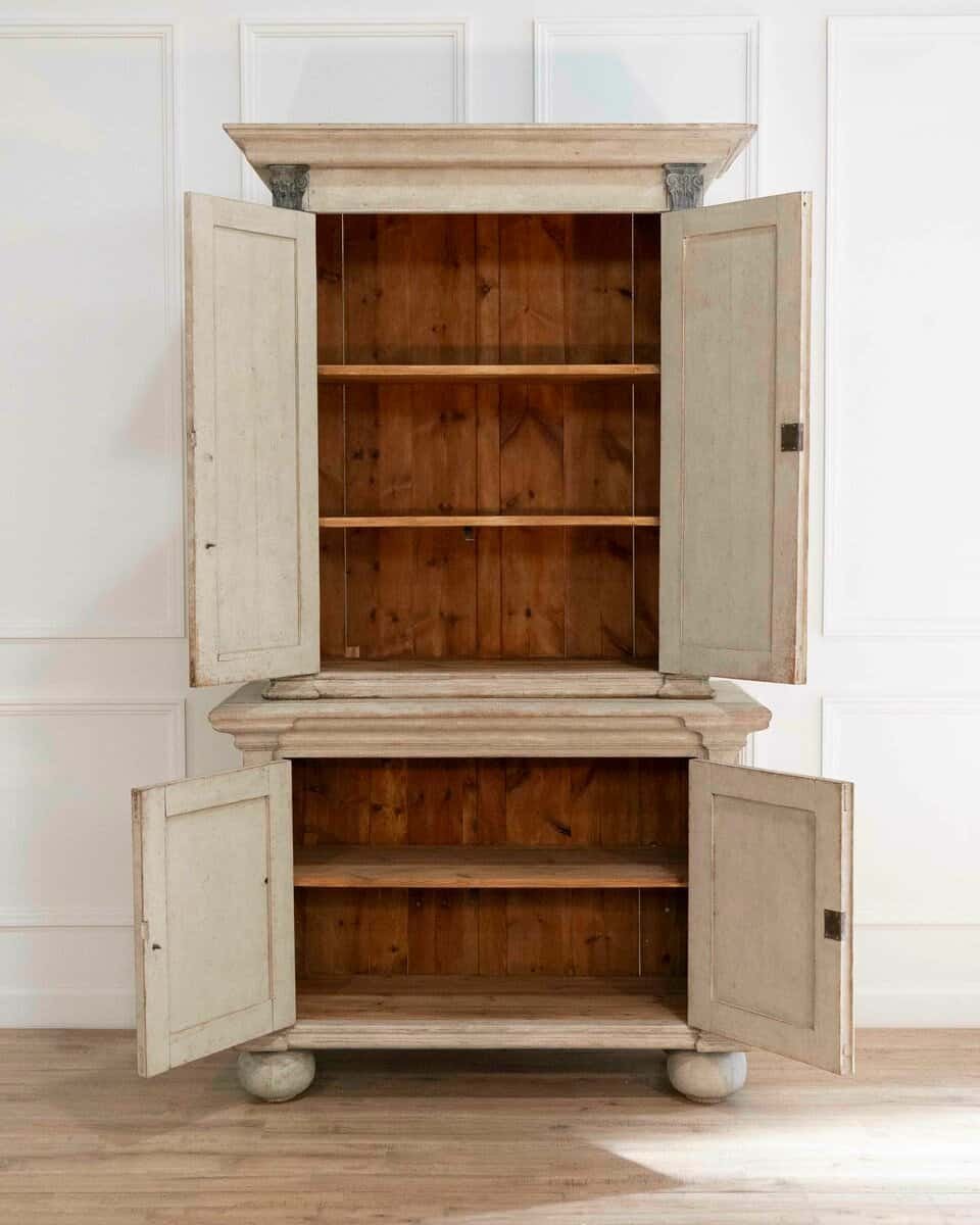 ON HOLD - Tall Swedish cabinet in soft grey, two-piece, early‑mid 19th century - JAA