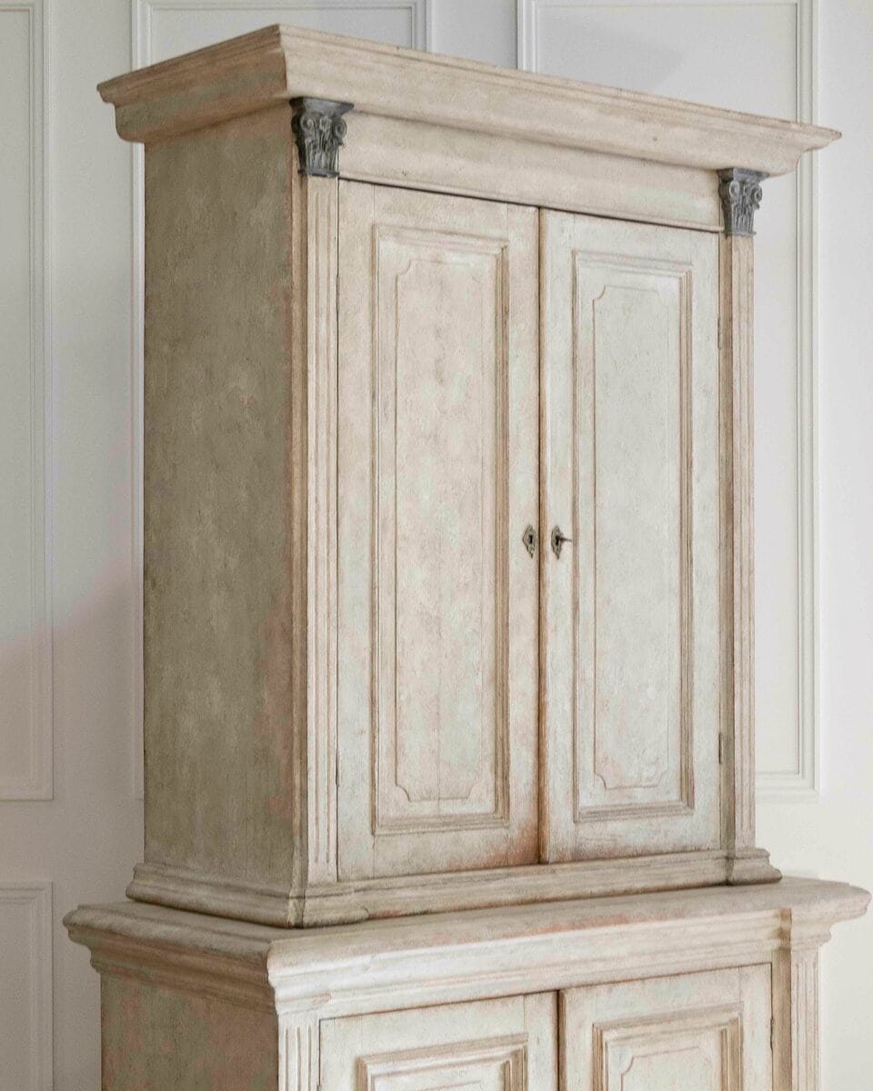 ON HOLD - Tall Swedish cabinet in soft grey, two-piece, early‑mid 19th century - JAA