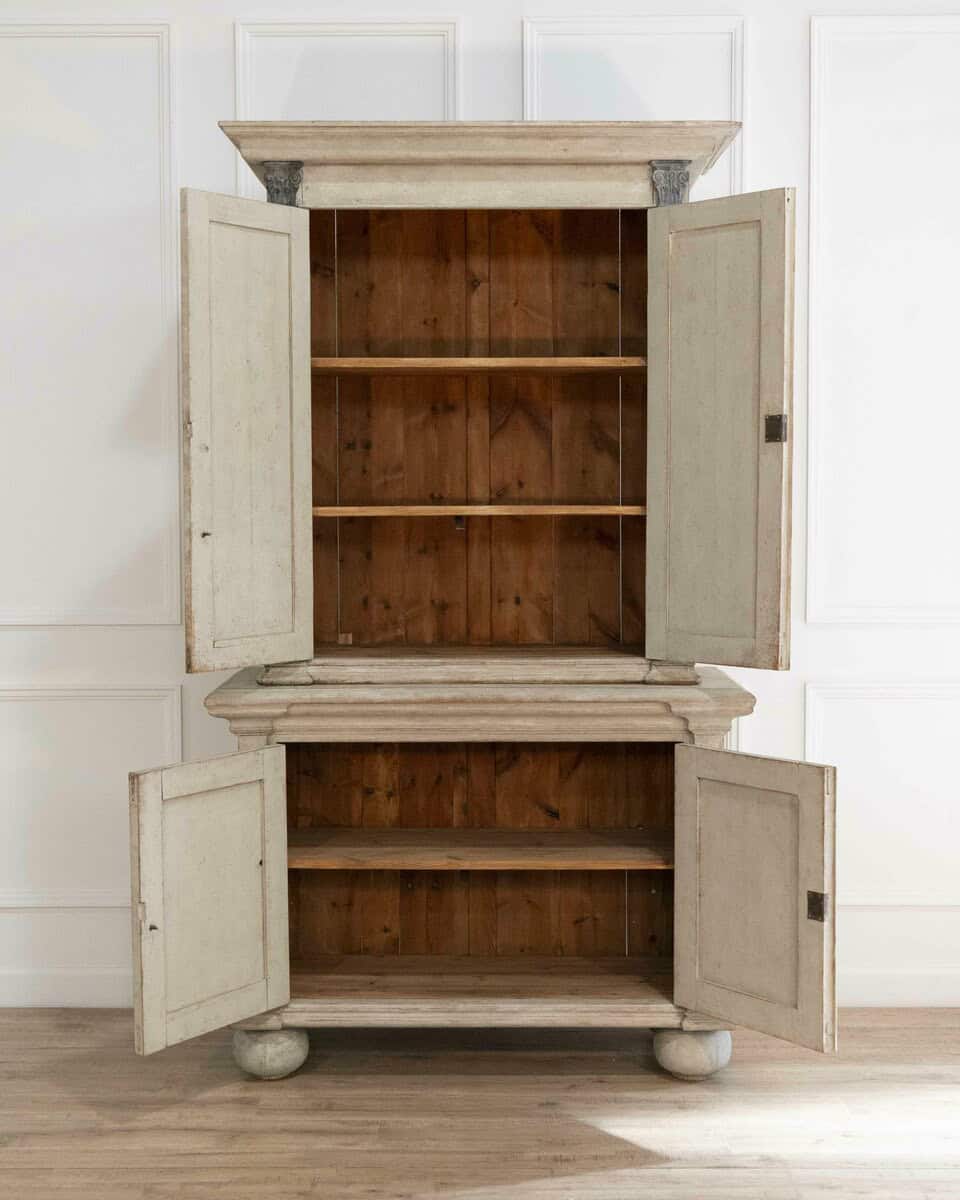 Tall Swedish cabinet in soft grey, two-piece, early‑mid 19th century