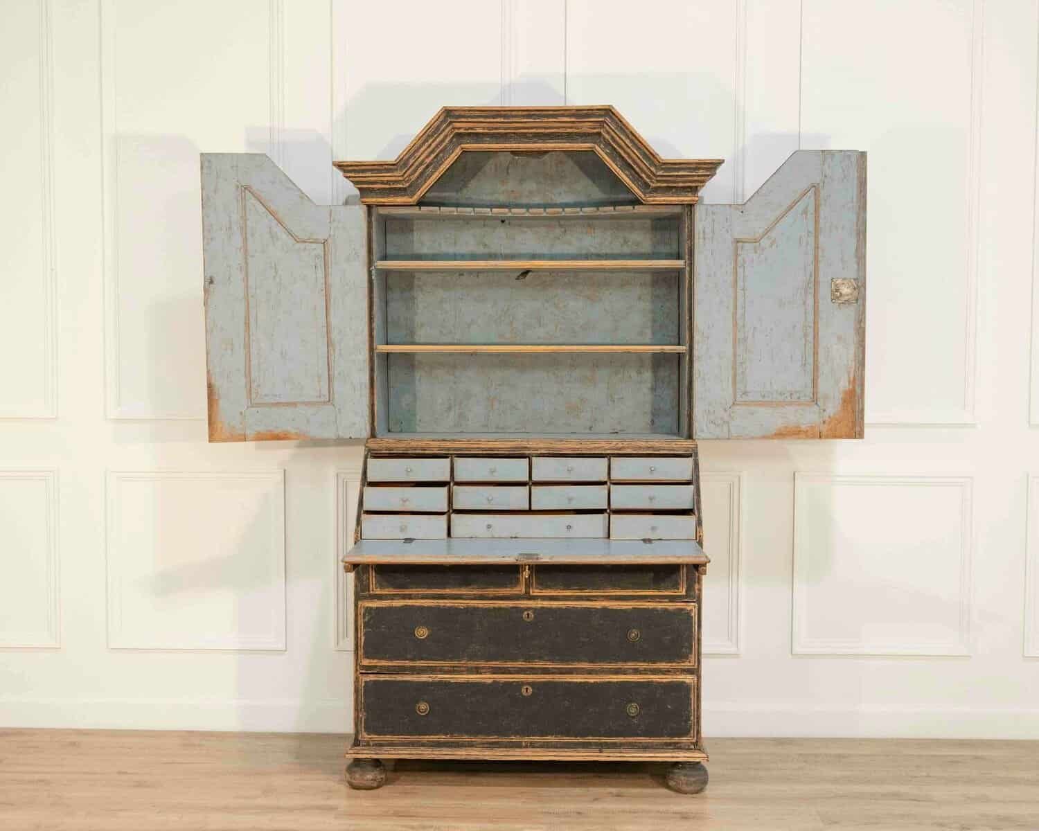 Baroque Secretary with Black Exterior and Blue Interior, Circa 1760 - JAA