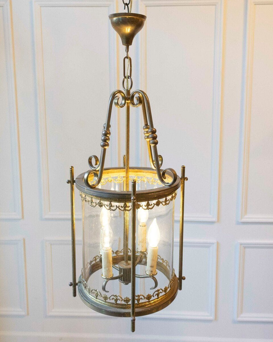 Early 20th-Century Brass Lantern with Etched Crown Detail - JAA