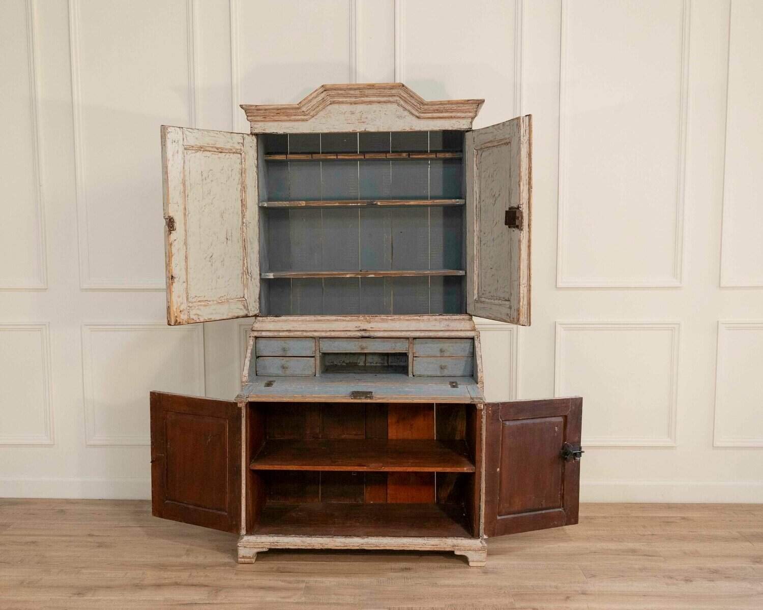 An early 19th century Gustavian secretary, repainted in grey and with a blue interior - JAA