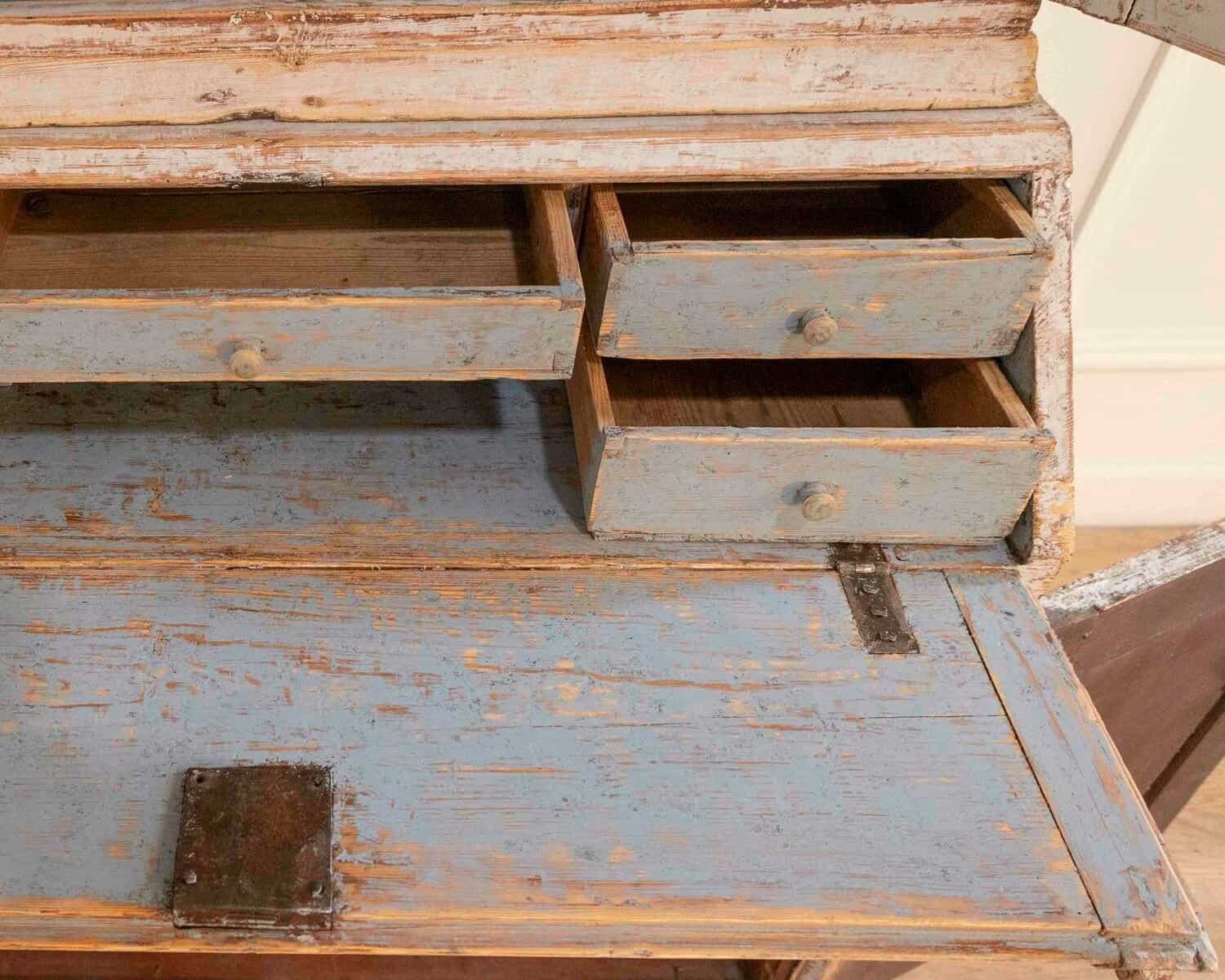 An early 19th century Gustavian secretary, repainted in grey and with a blue interior - JAA