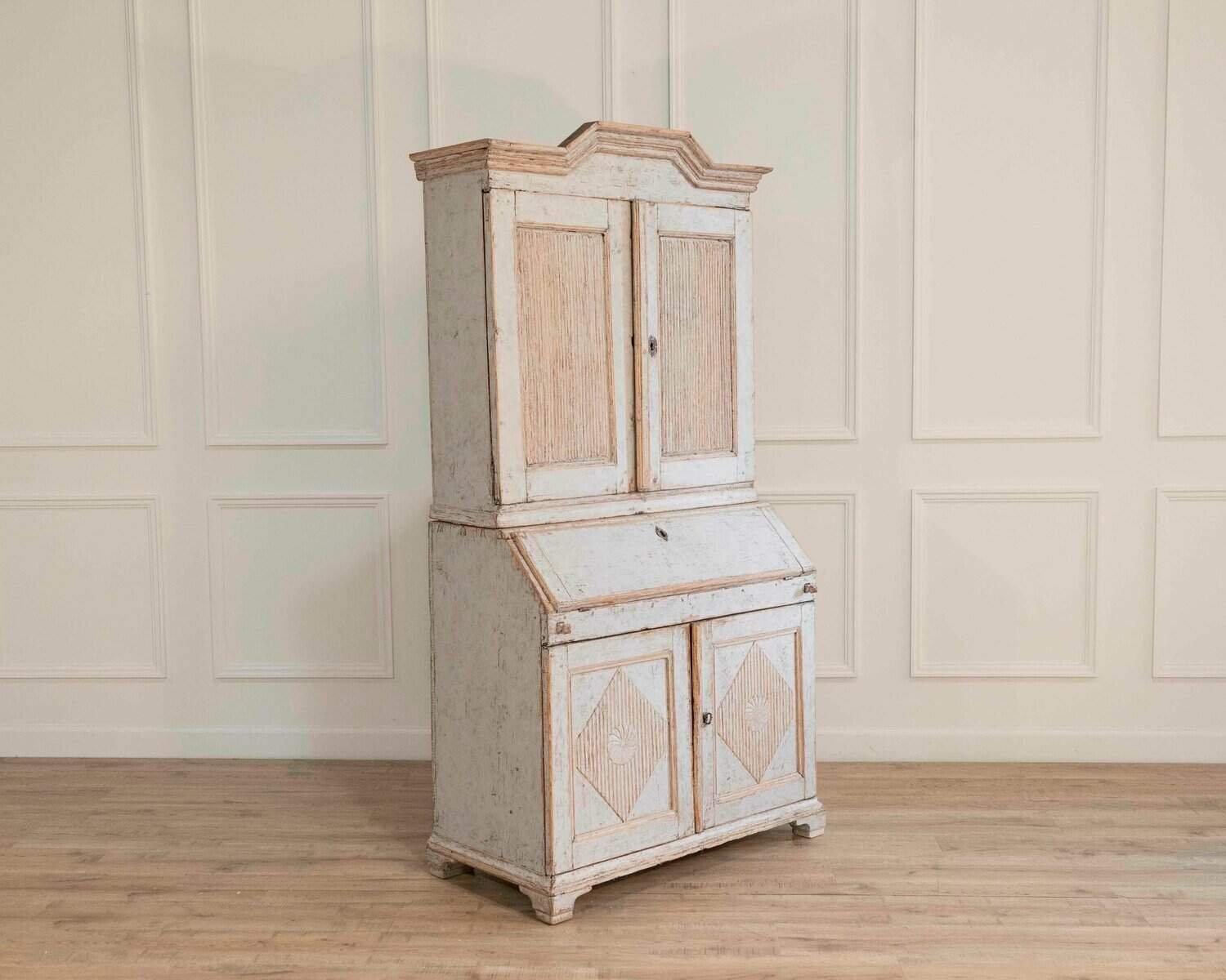An early 19th century Gustavian secretary, repainted in grey and with a blue interior - JAA