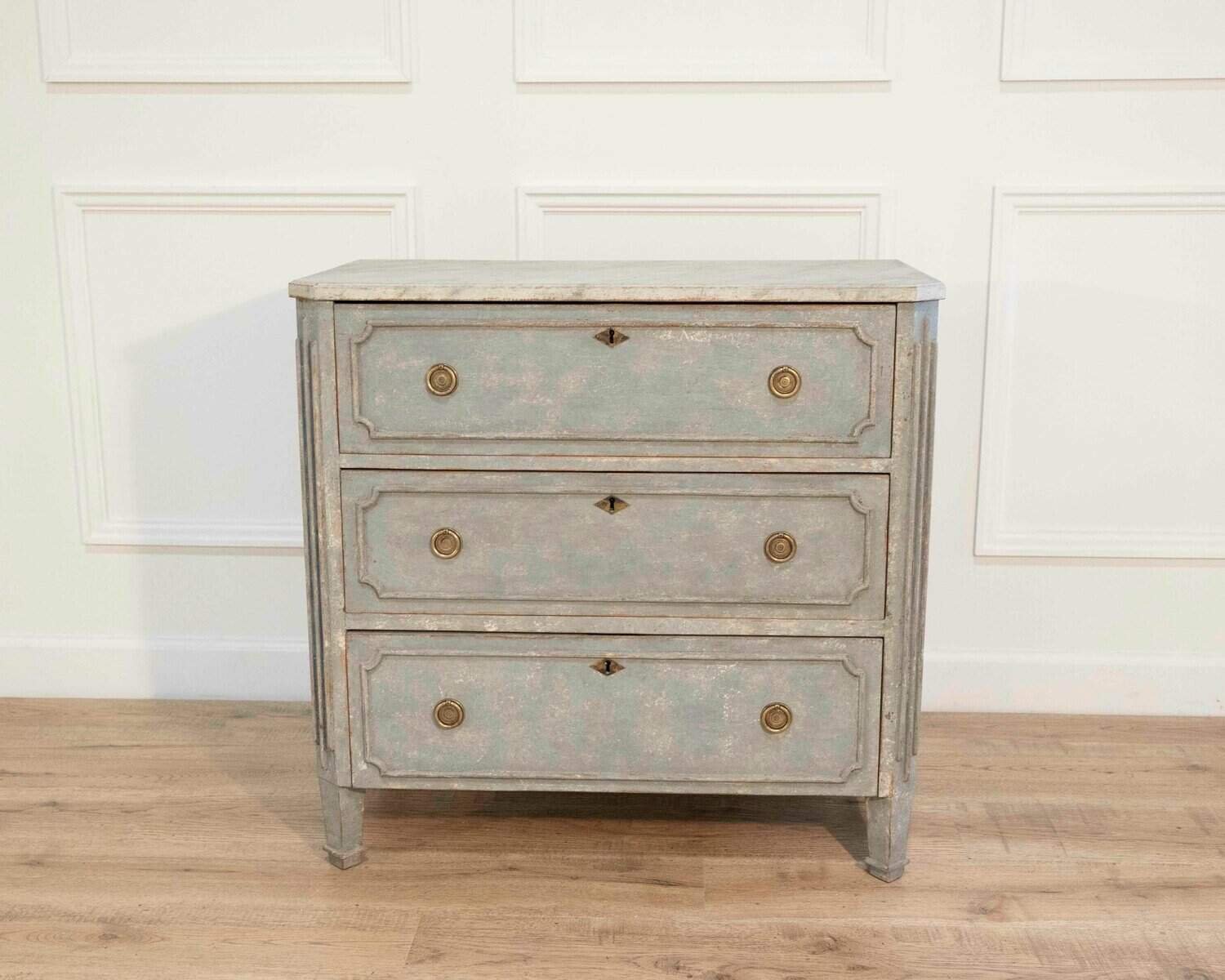 Swedish Gustavian-Style Blue Chest of Drawers with Faux Marble Top, Circa 1890–1900 - JAA