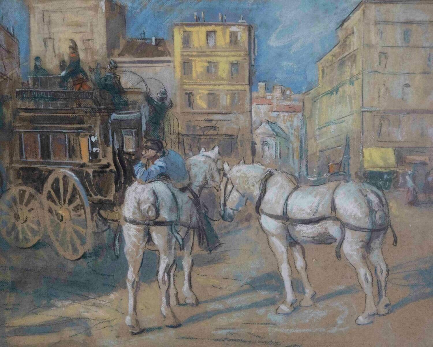 The Place Pigalle Bus At The Beginning Of The 20th Century By Bertrand Rasmussen, Enhanced Gouache - JAA