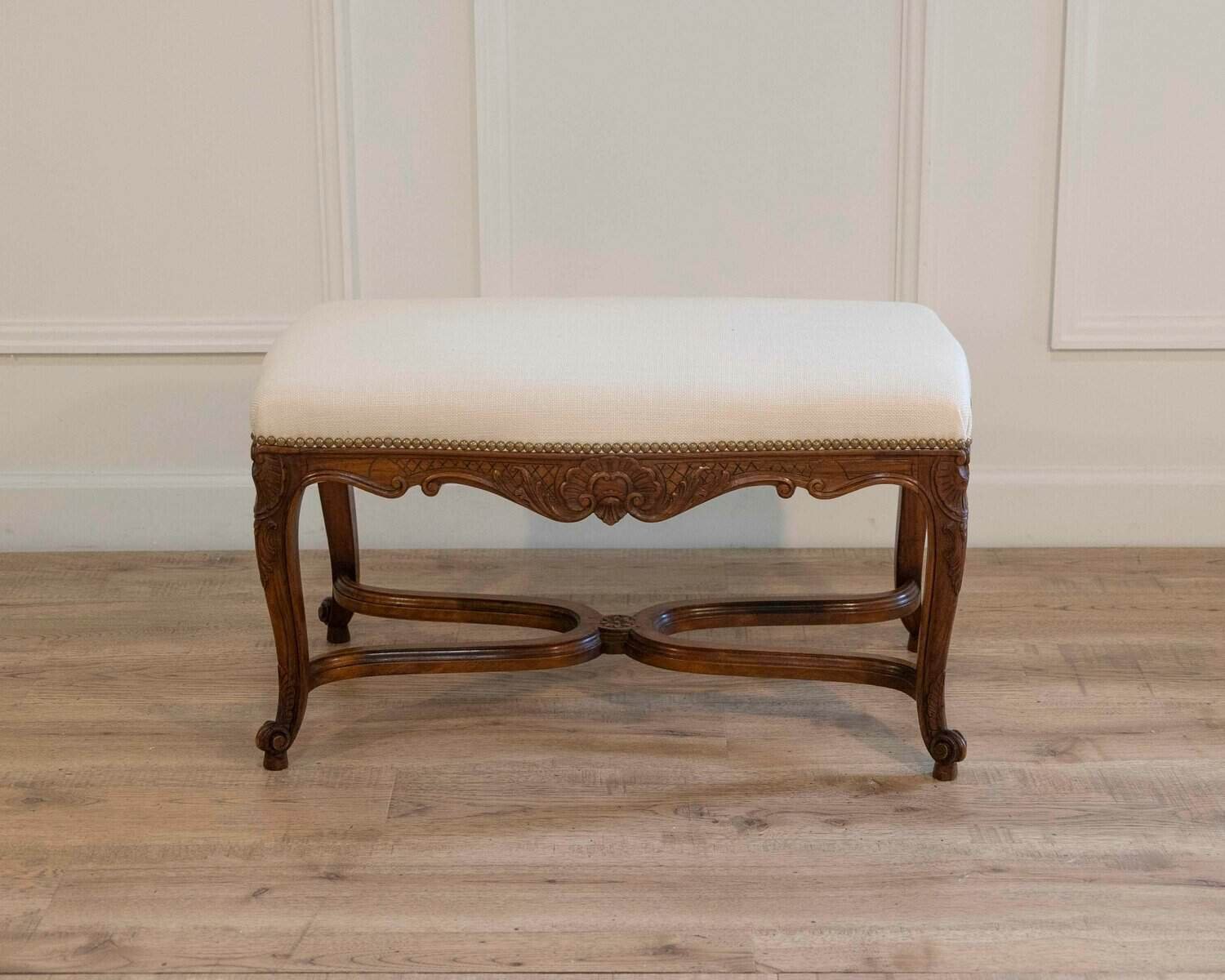 Louis XV–Style Walnut Bench with Upholstered Seat and Carved Frame, France - JAA