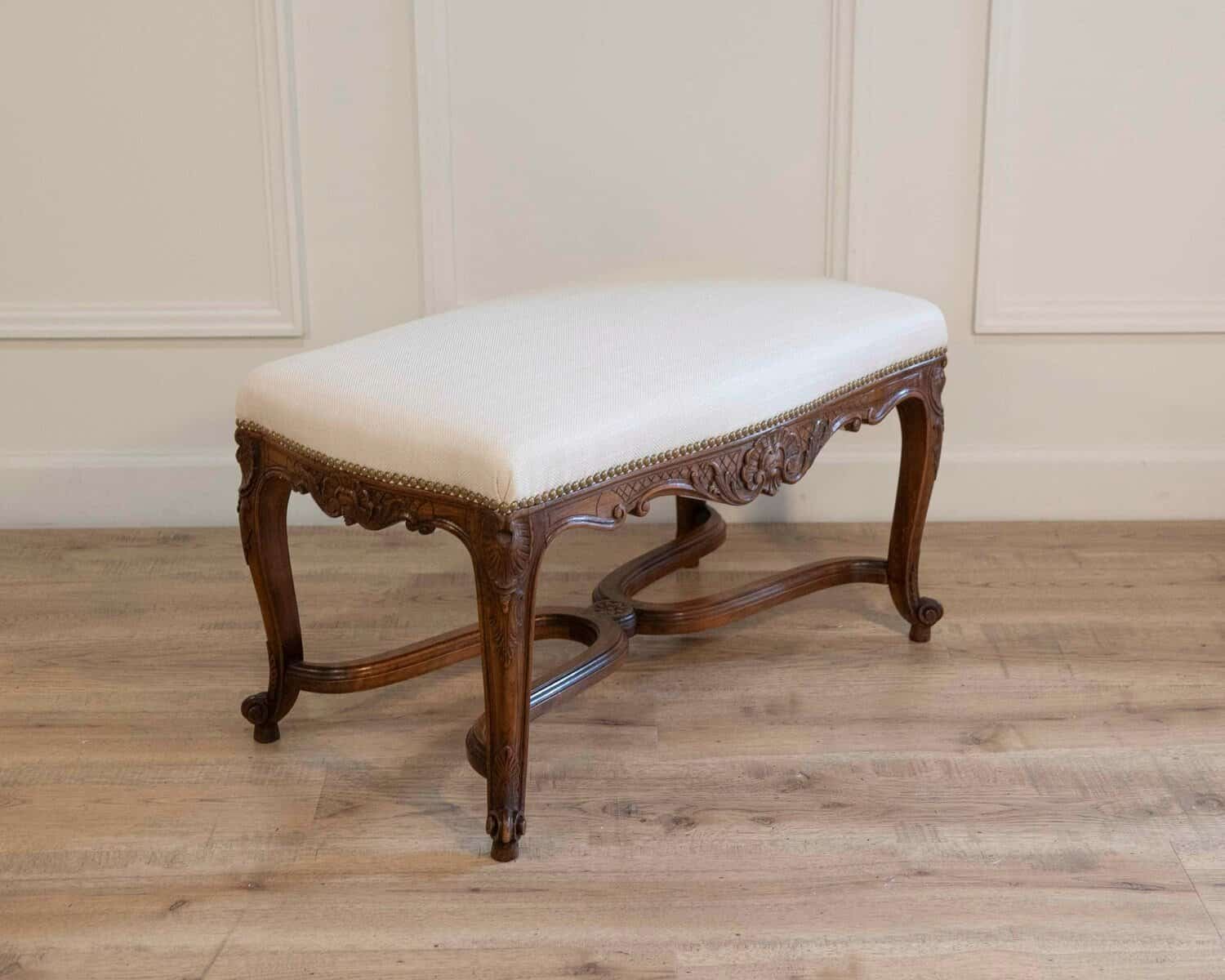 Louis XV–Style Walnut Bench with Upholstered Seat and Carved Frame, France - JAA