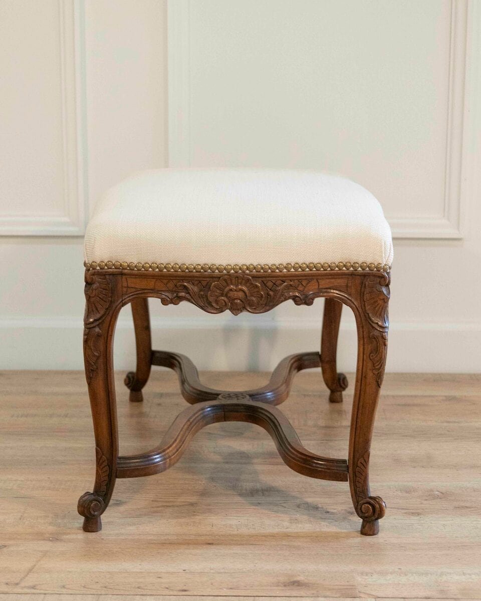 Louis XV–Style Walnut Bench with Upholstered Seat and Carved Frame, France - JAA