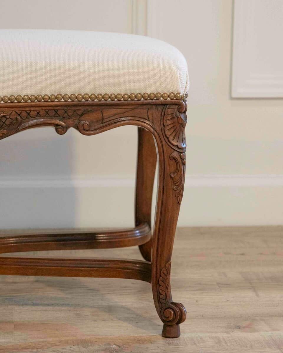 Louis XV–Style Walnut Bench with Upholstered Seat and Carved Frame, France - JAA