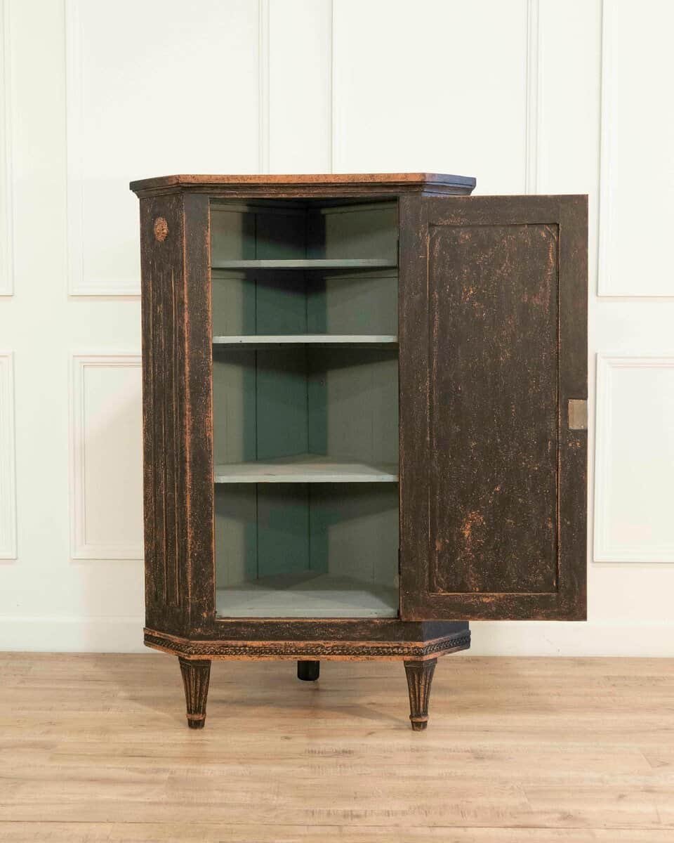Swedish Gustavian-Style Black Corner Cabinet with Celadon Interior, Circa 1840–1850 - JAA