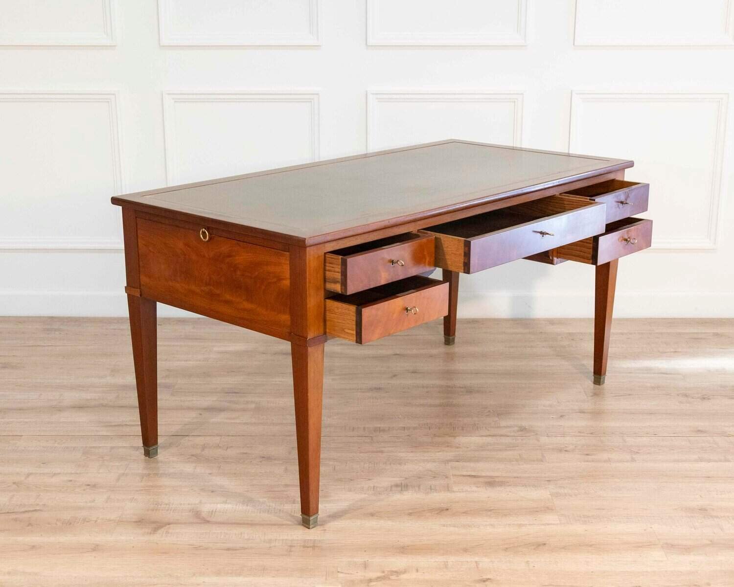 Large Louis XVI–Style Mahogany Double-Sided Flat Desk with Green Leather Top, France - JAA