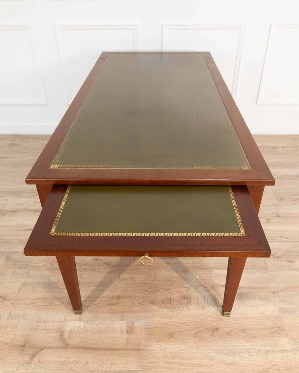 Large Louis XVI–Style Mahogany Double-Sided Flat Desk with Green Leather Top, France - JAA