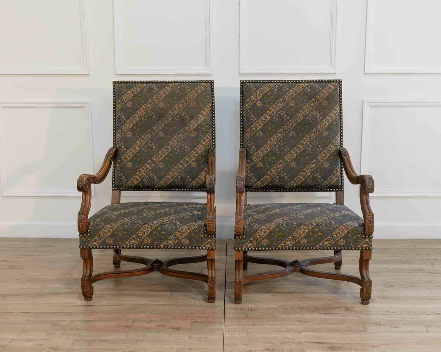 Pair of French Walnut Armchairs with X-Form Crossbars, Circa 1900 - JAA