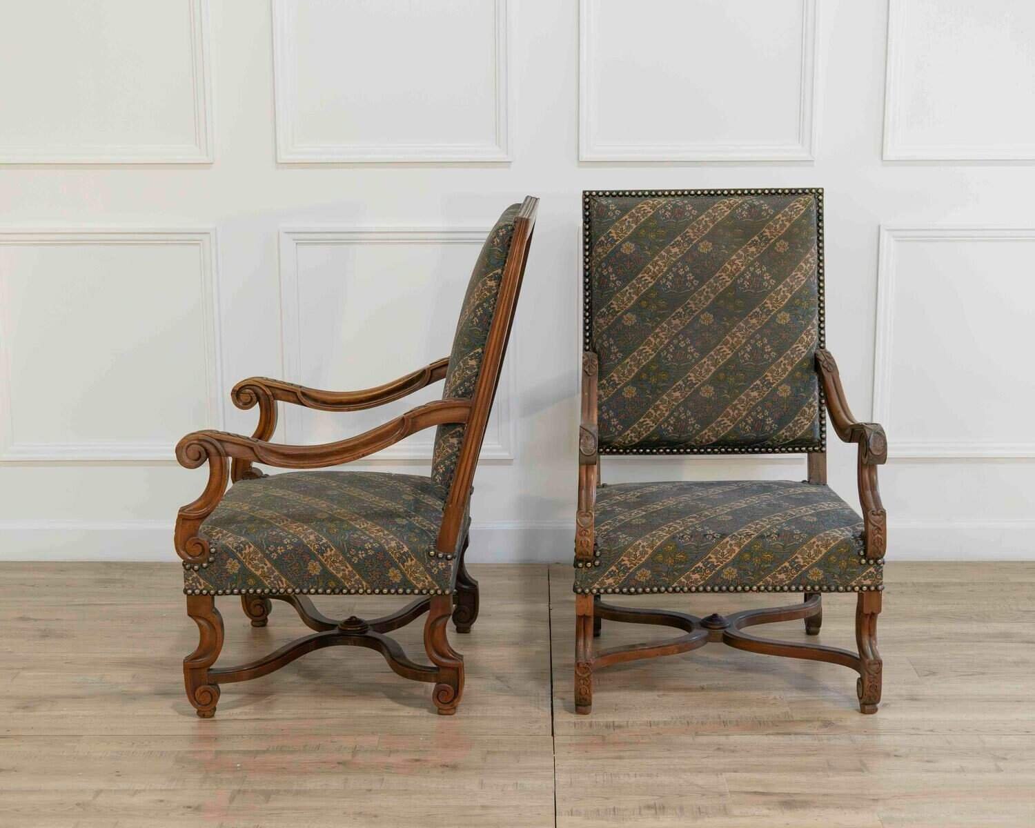Pair of French Walnut Armchairs with X-Form Crossbars, Circa 1900 - JAA