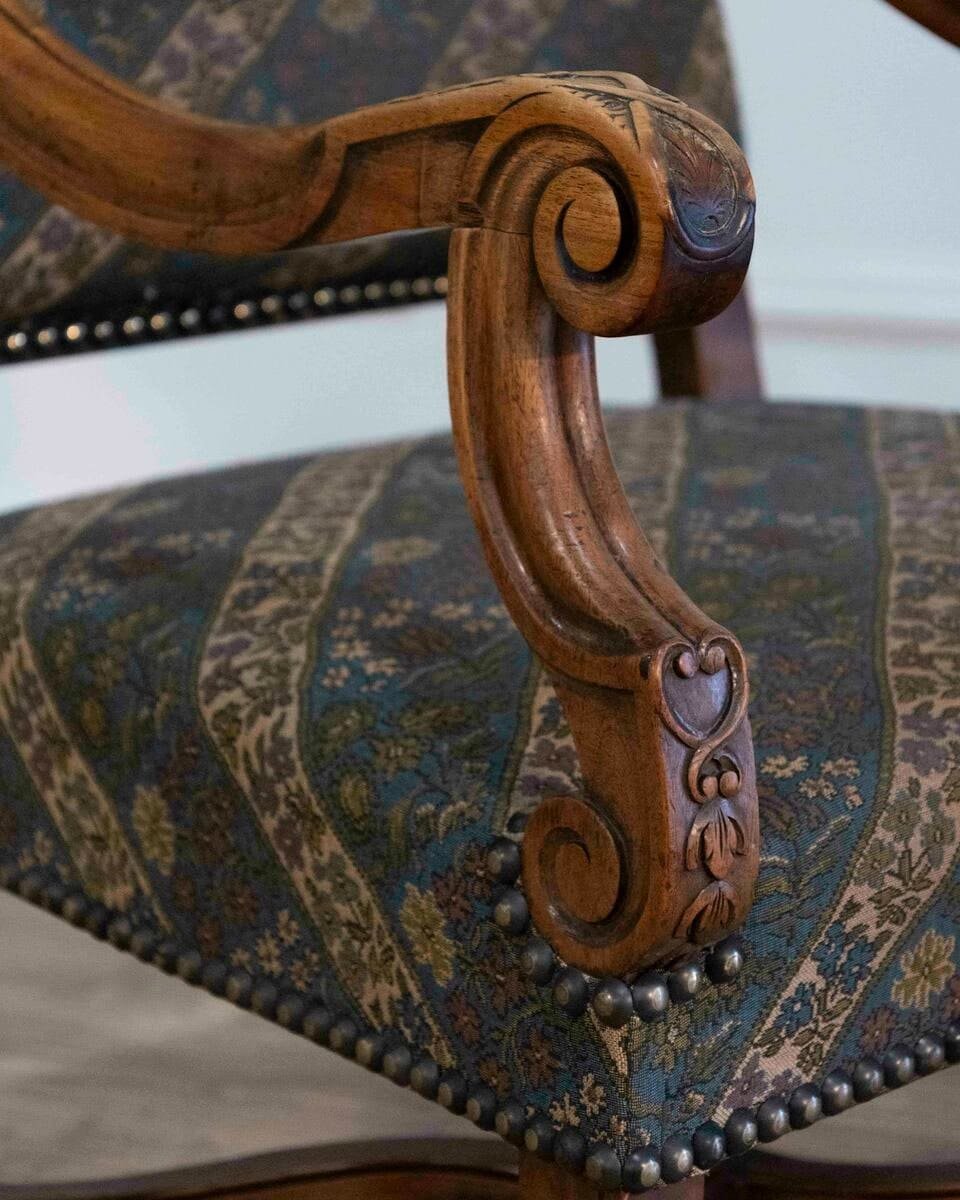 Pair of French Walnut Armchairs with X-Form Crossbars, Circa 1900 - JAA