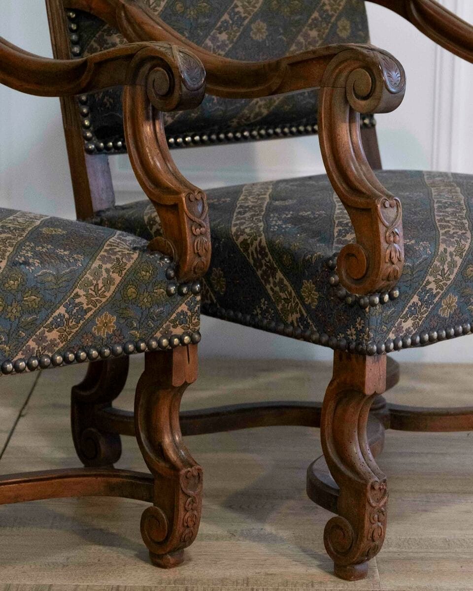 Pair of French Walnut Armchairs with X-Form Crossbars, Circa 1900 - JAA