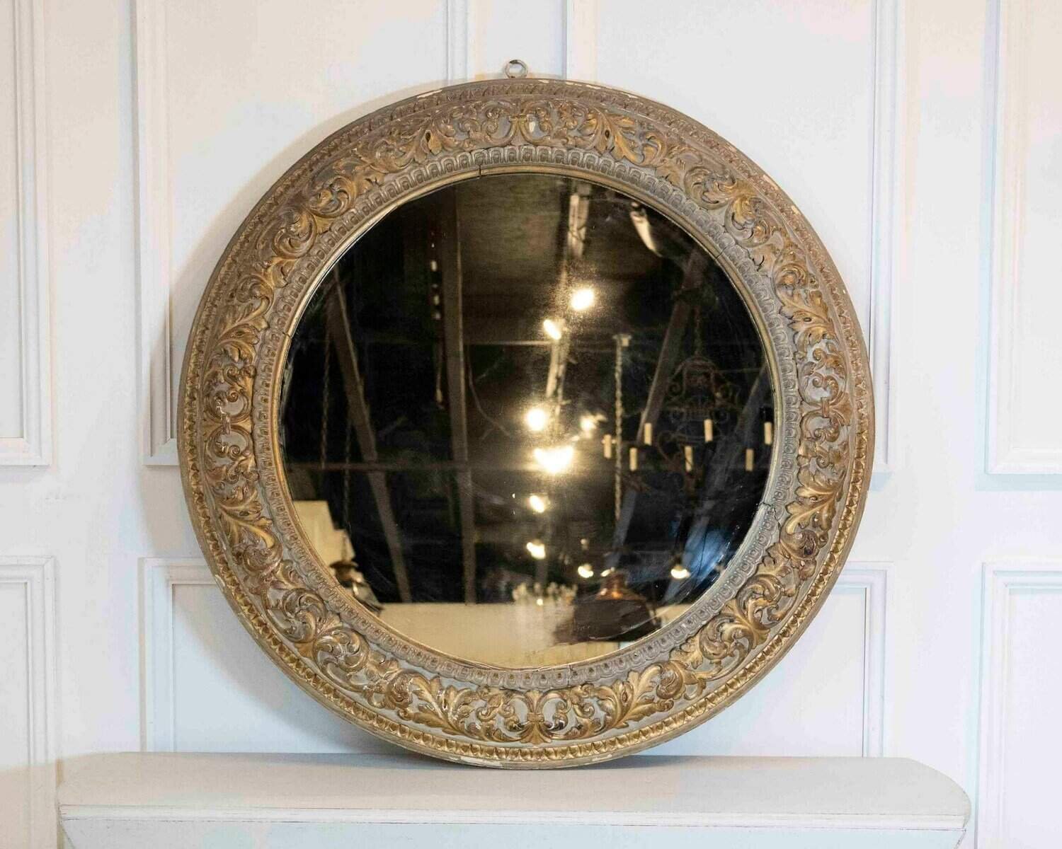 Rare round Italian carved mirror with gilt, 19th Century - JAA