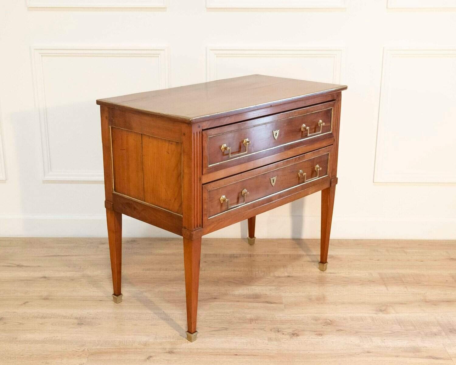Louis XVI–Style Cherrywood Chest of Drawers with Brass Trim, France - JAA