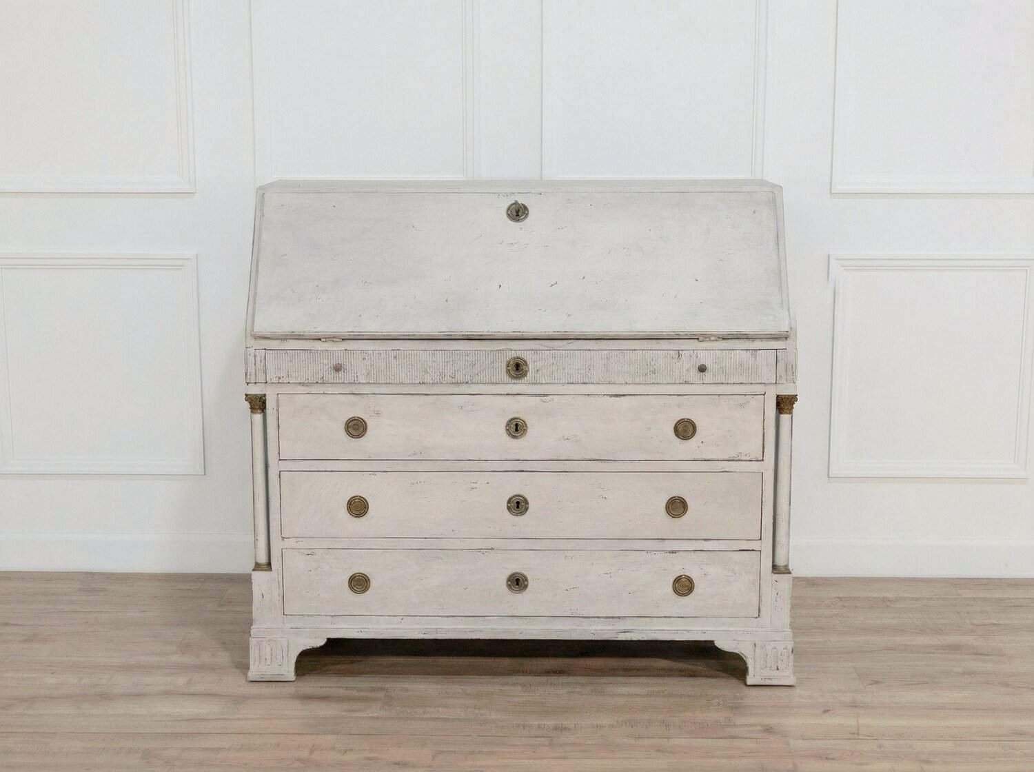 19th-Century Swedish Bureau with Carved Columns and Blue-Painted Interior - JAA