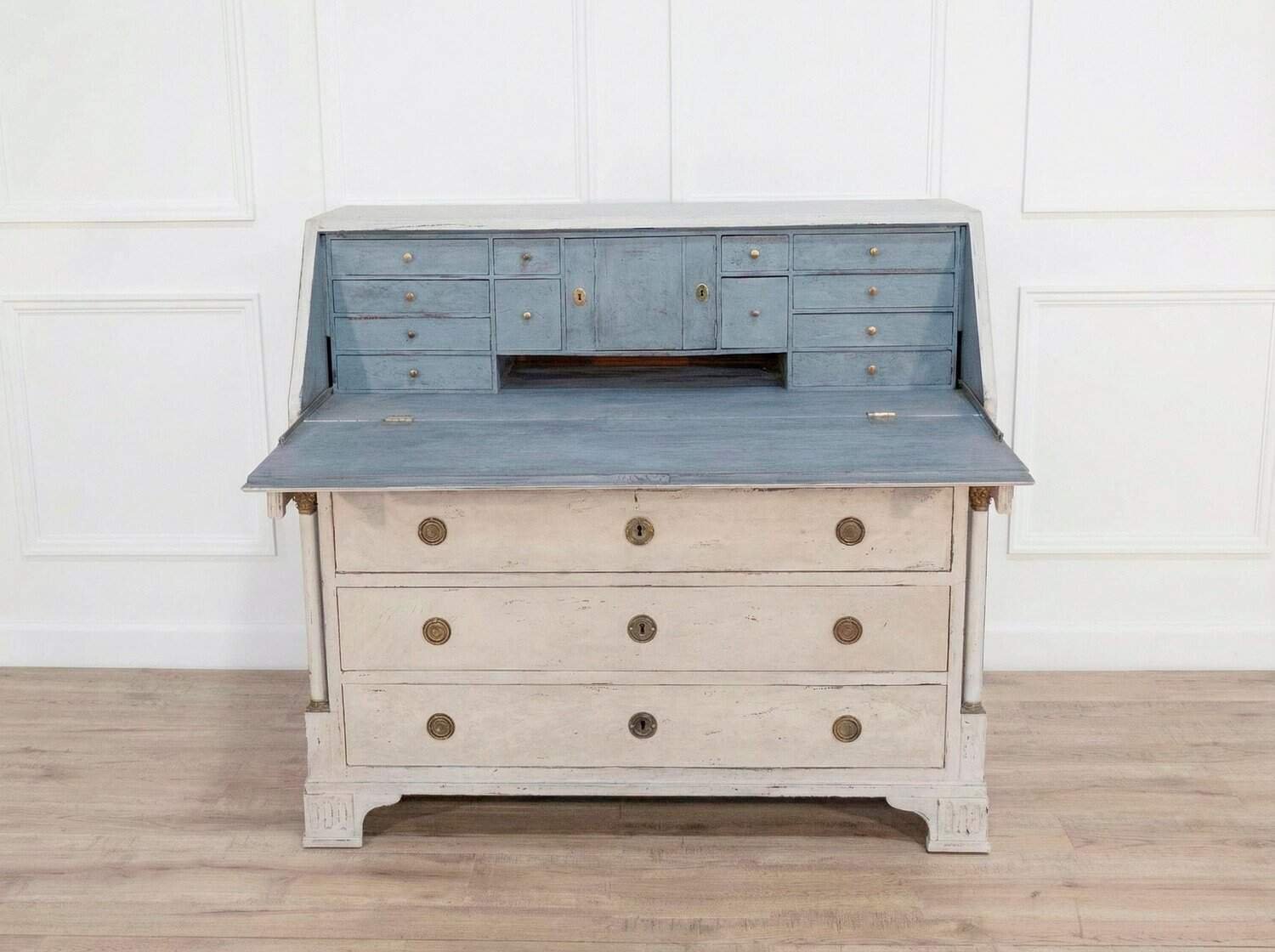 19th-Century Swedish Bureau with Carved Columns and Blue-Painted Interior - JAA