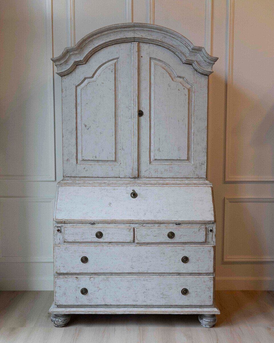 Swedish Rococo Style Chapeau de Gendarme 1820s Gray Painted Tall Secretary - JAA