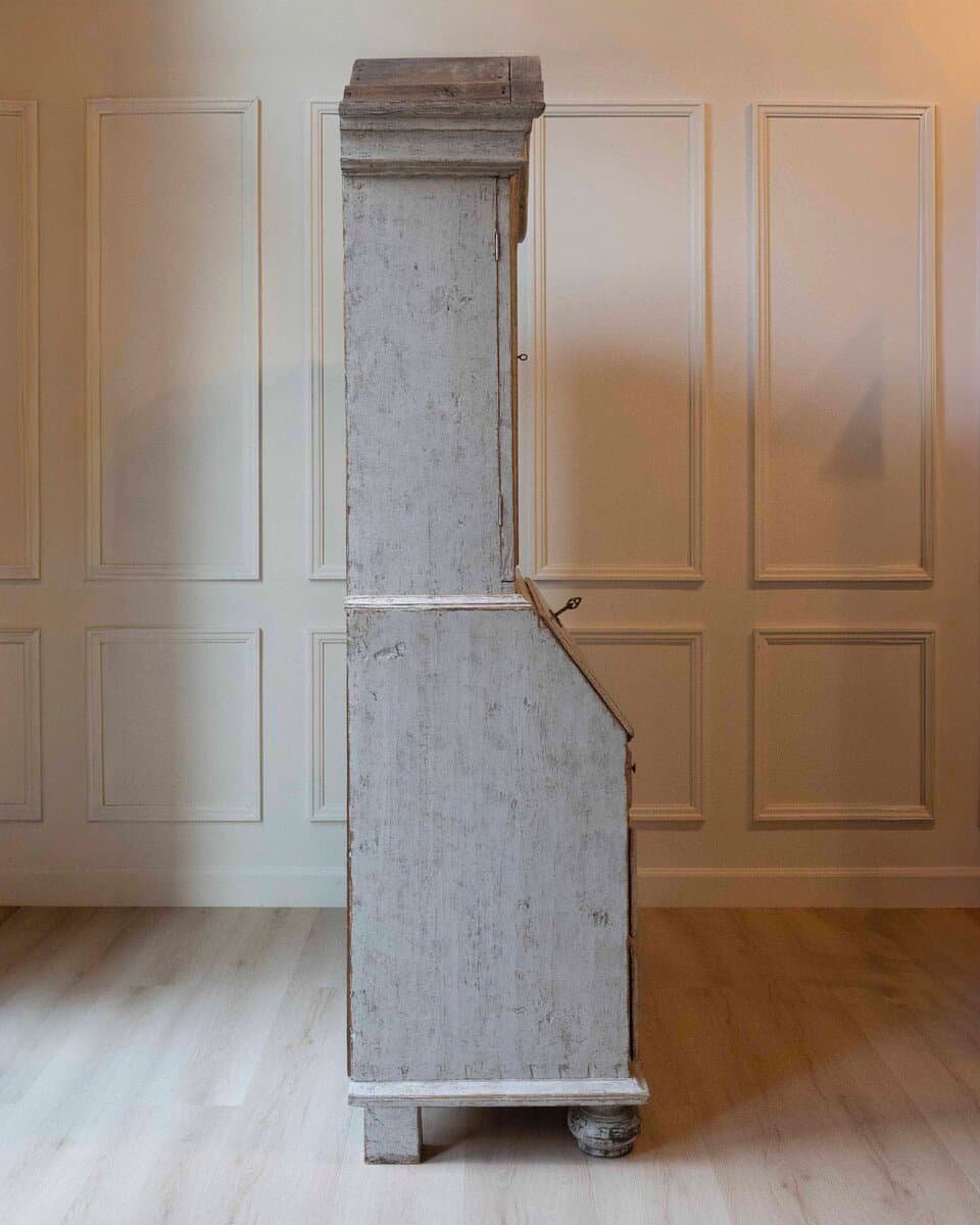 Swedish Rococo Style Chapeau de Gendarme 1820s Gray Painted Tall Secretary - JAA