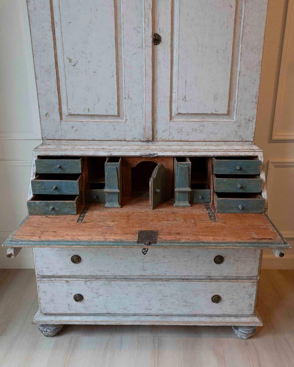 Swedish Rococo Style Chapeau de Gendarme 1820s Gray Painted Tall Secretary - JAA