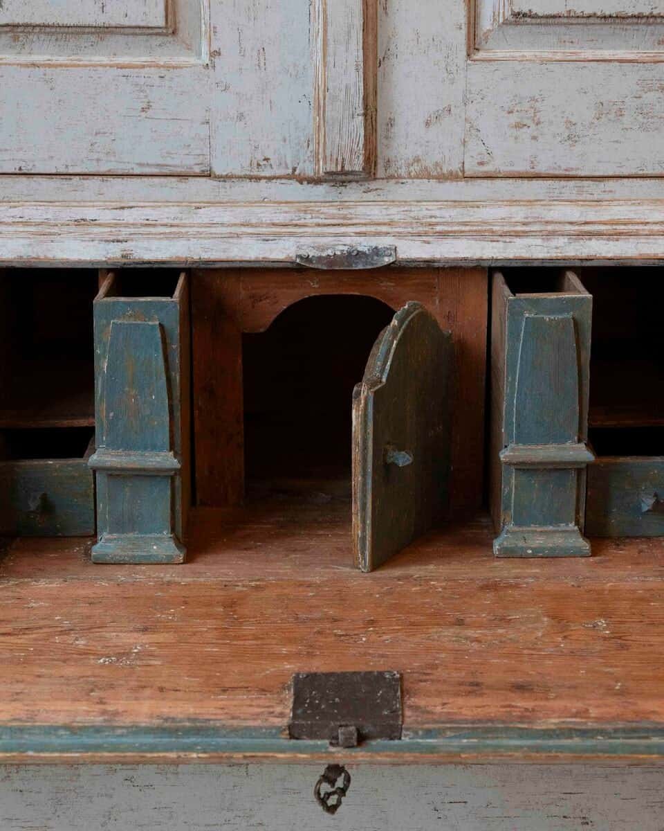 Swedish Rococo Style Chapeau de Gendarme 1820s Gray Painted Tall Secretary - JAA