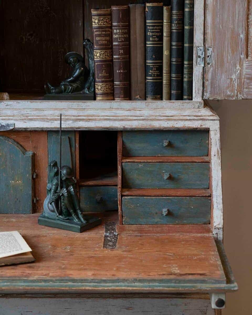 Swedish Rococo Style Chapeau de Gendarme 1820s Gray Painted Tall Secretary - JAA