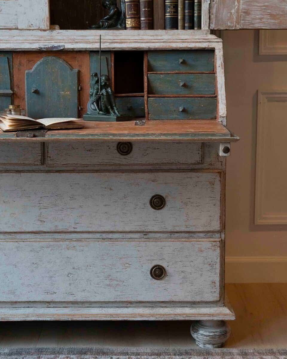 Swedish Rococo Style Chapeau de Gendarme 1820s Gray Painted Tall Secretary - JAA