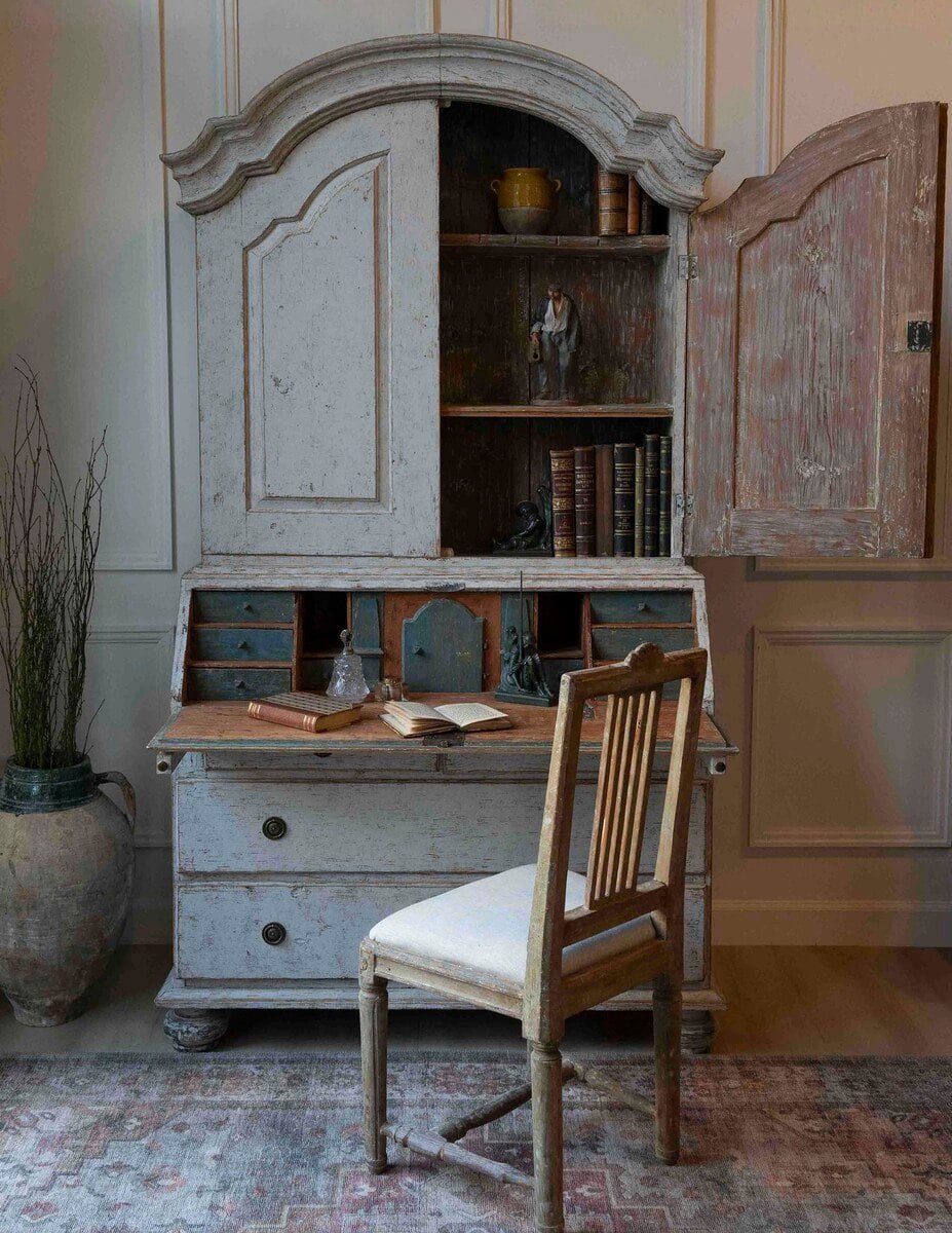 Swedish Rococo Style Chapeau de Gendarme 1820s Gray Painted Tall Secretary - JAA