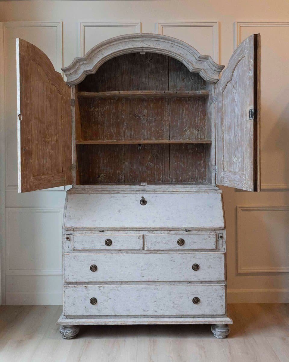 Swedish Rococo Style Chapeau de Gendarme 1820s Gray Painted Tall Secretary - JAA