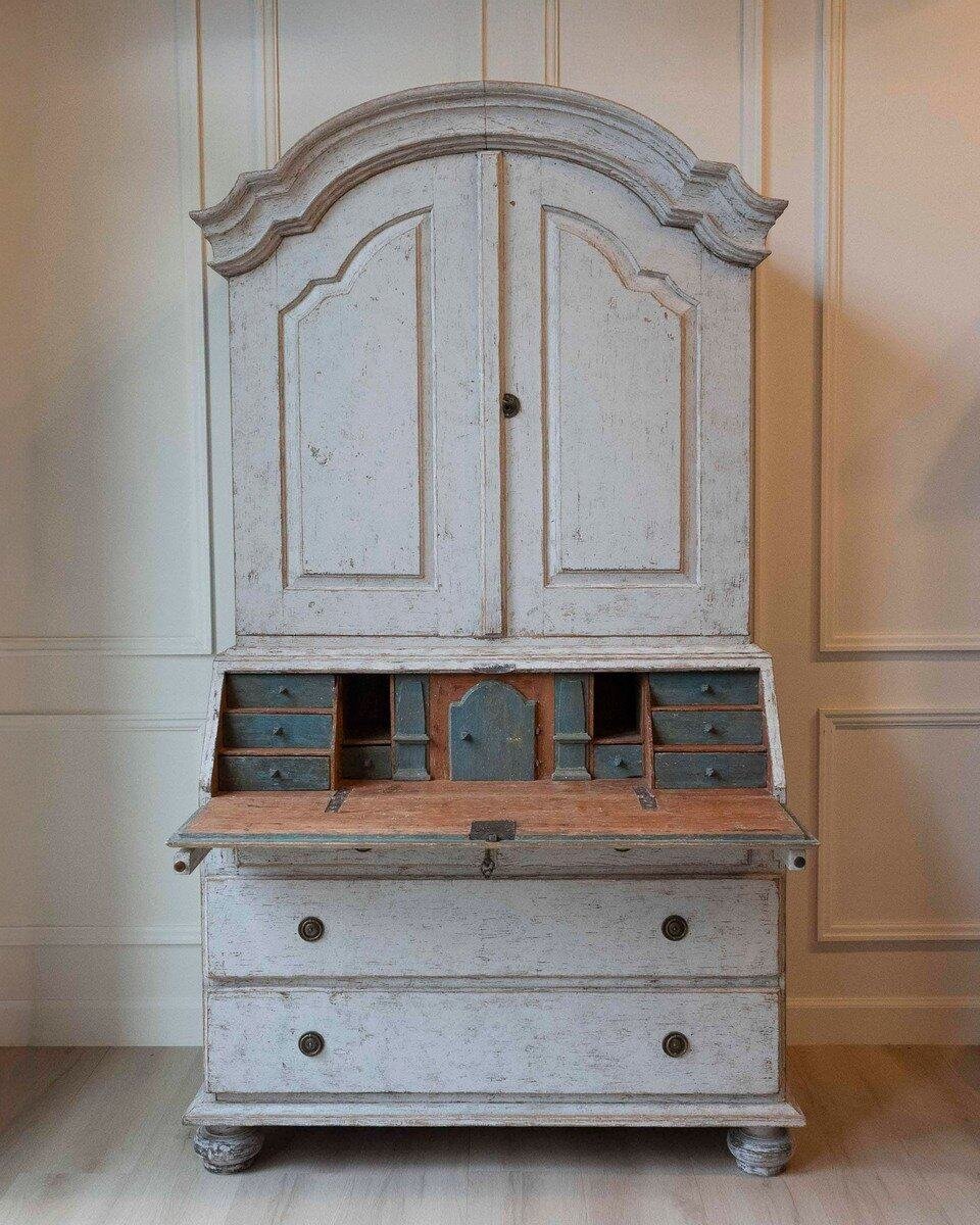 Swedish Rococo Style Chapeau de Gendarme 1820s Gray Painted Tall Secretary - JAA