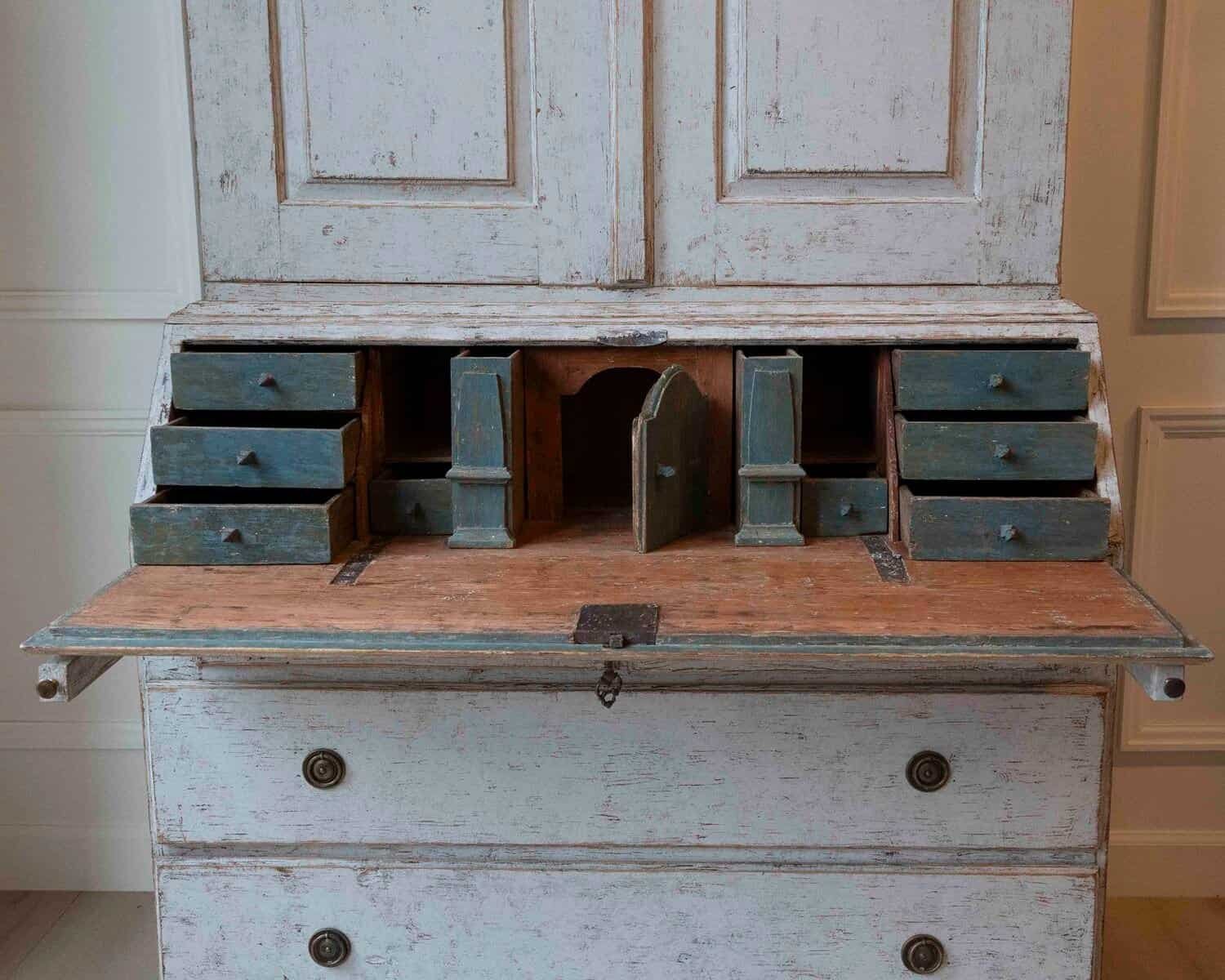 Swedish Rococo Style Chapeau de Gendarme 1820s Gray Painted Tall Secretary - JAA