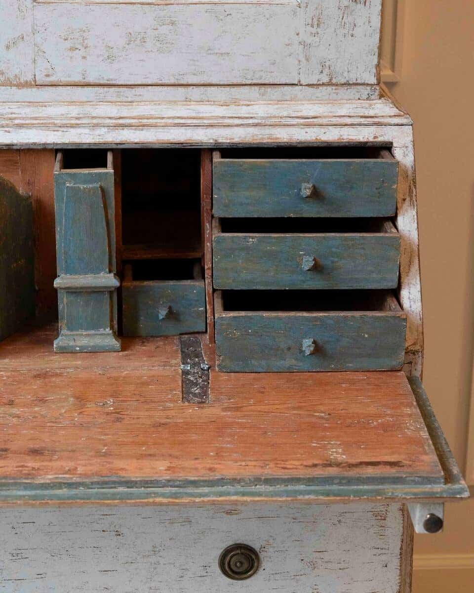 Swedish Rococo Style Chapeau de Gendarme 1820s Gray Painted Tall Secretary - JAA