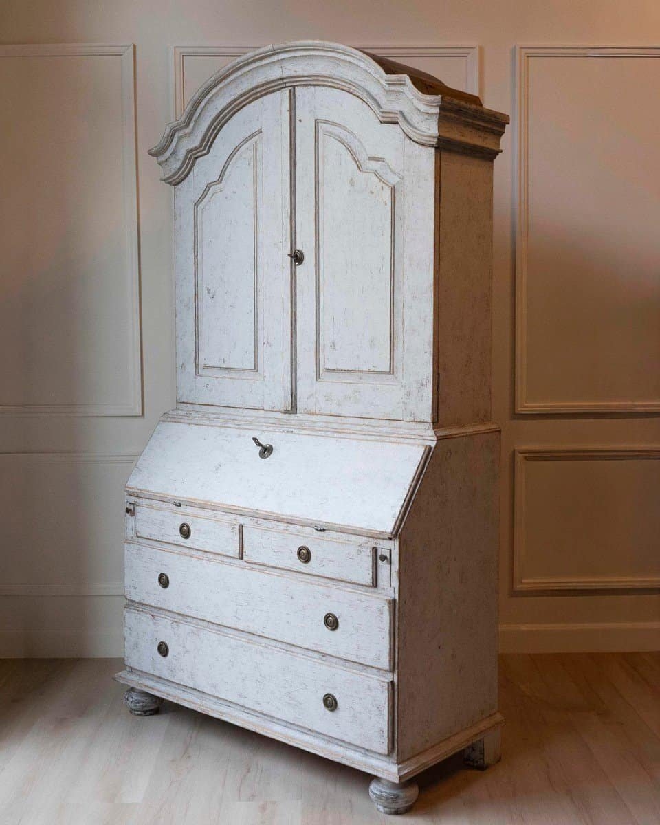 Swedish Rococo Style Chapeau de Gendarme 1820s Gray Painted Tall Secretary - JAA