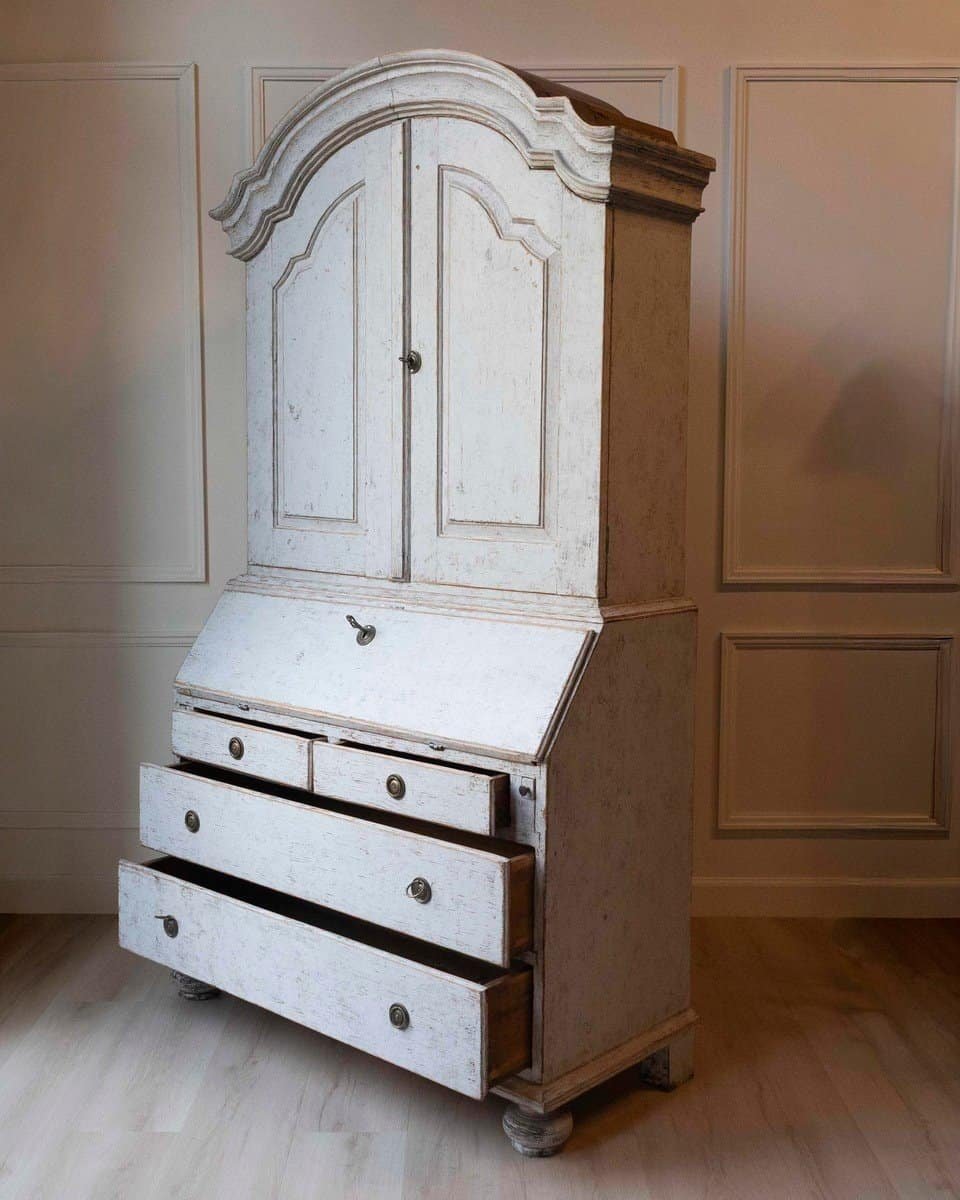 Swedish Rococo Style Chapeau de Gendarme 1820s Gray Painted Tall Secretary - JAA